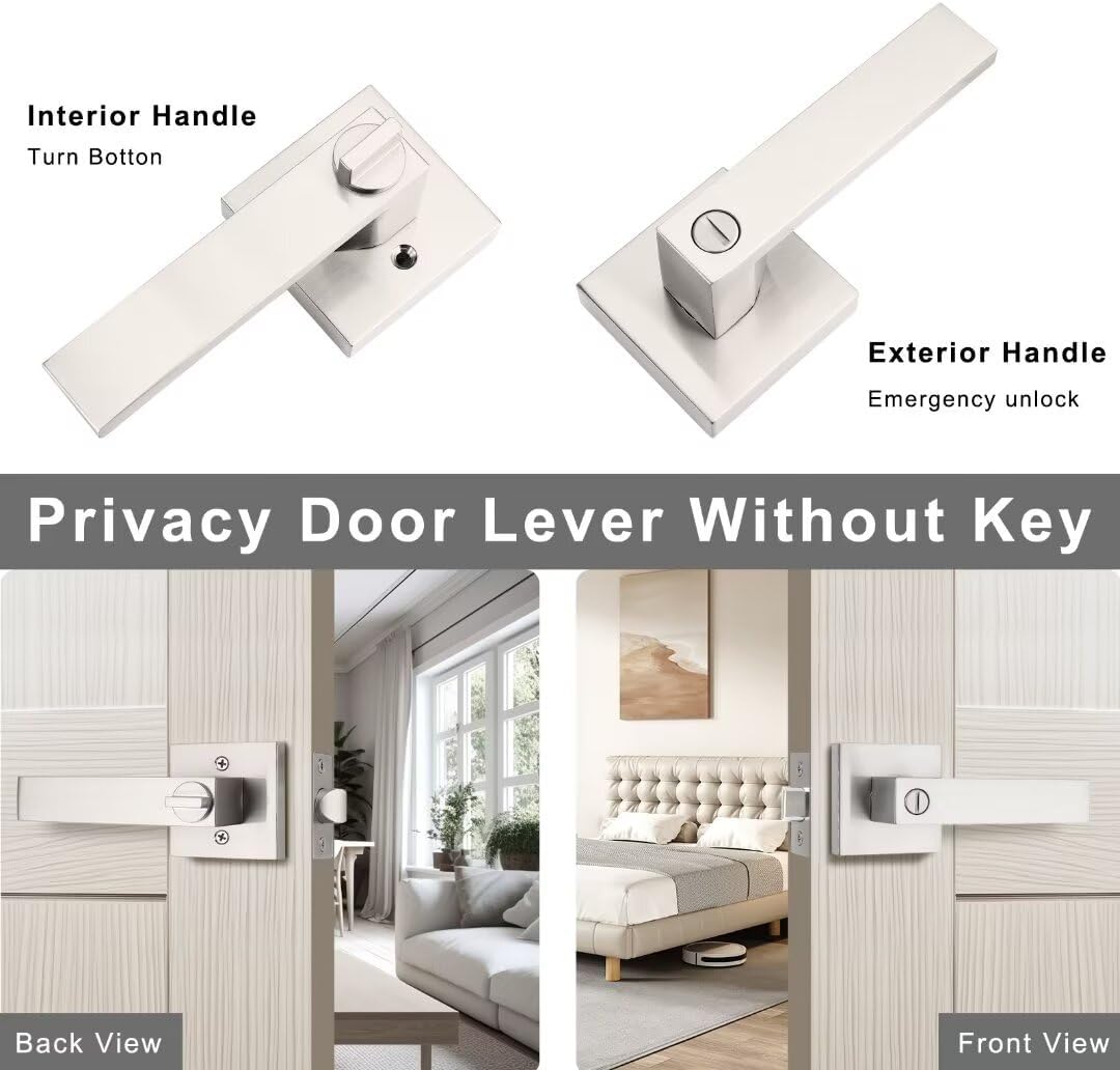 8 Pack Brushed Nickel Square Privacy Lever Door Handles - Keyless Heavy Duty Interior Handles for Bed Bath Doors, Reversible for Left Right Doors