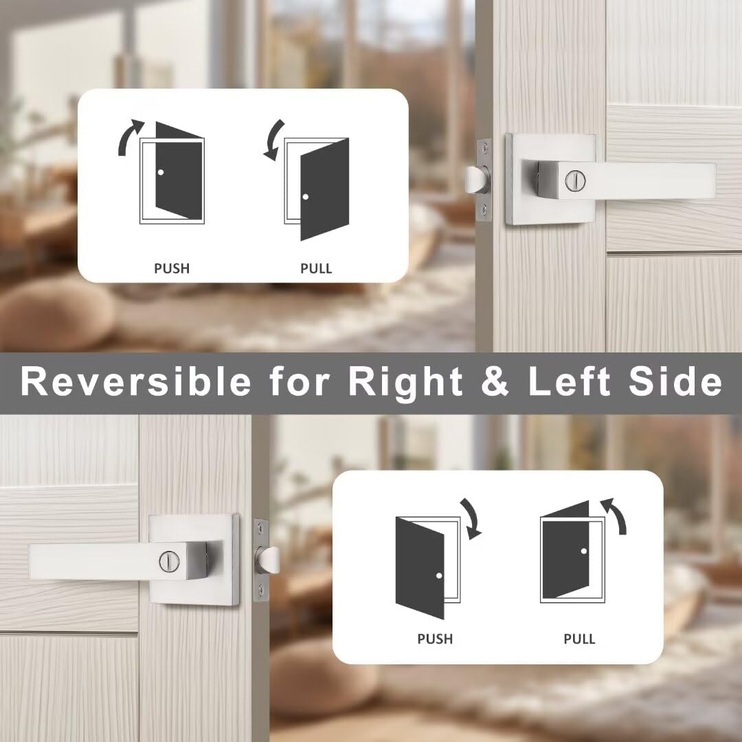 8 Pack Brushed Nickel Square Privacy Lever Door Handles - Keyless Heavy Duty Interior Handles for Bed Bath Doors, Reversible for Left Right Doors