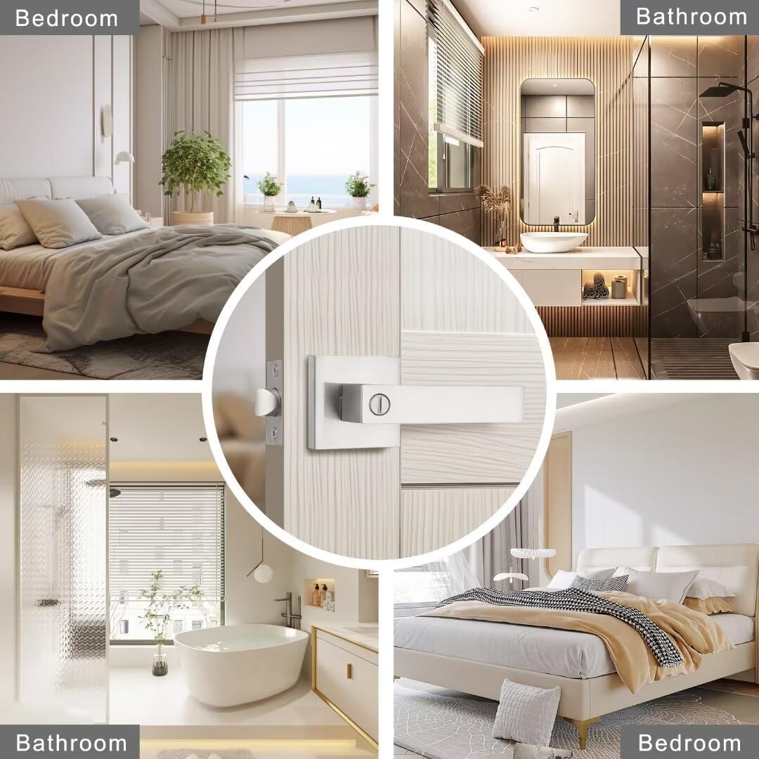 8 Pack Brushed Nickel Square Privacy Lever Door Handles - Keyless Heavy Duty Interior Handles for Bed Bath Doors, Reversible for Left Right Doors