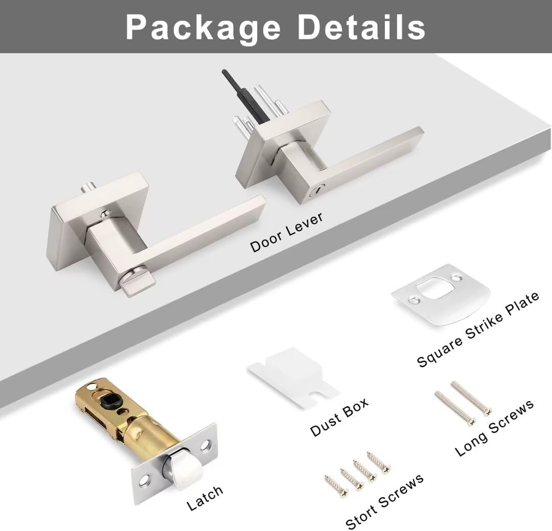 8 Pack Brushed Nickel Square Privacy Lever Door Handles - Keyless Heavy Duty Interior Handles for Bed Bath Doors, Reversible for Left Right Doors