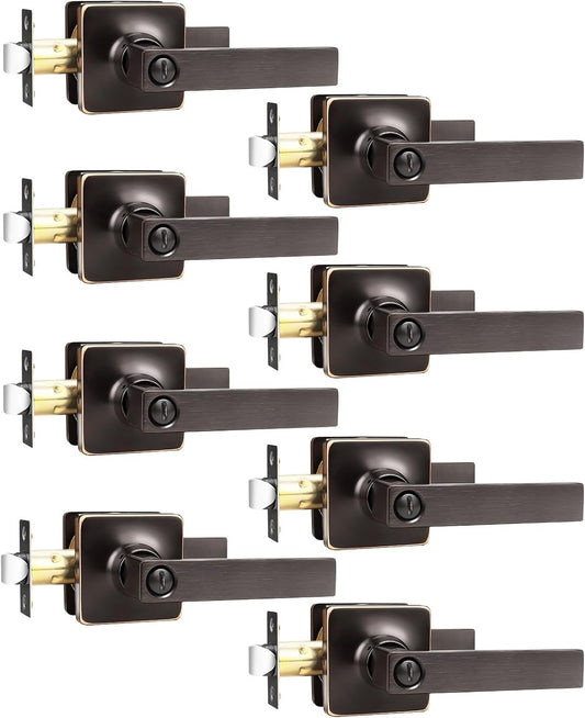 8 Pack GOBEKOR Privacy Door Handles - Oil Rubbed Bronze Square Lever Locks for Bedroom & Bathroom - Interior Bronze Door Hardware