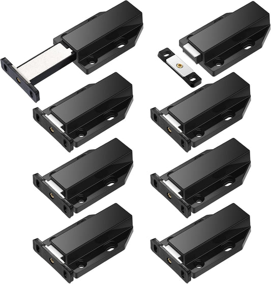 8 Pack Heavy Duty Magnetic Push Latch for Cabinet Doors - Touch Release Magnets for Kitchen Drawers - Black Cabinet Hardware
