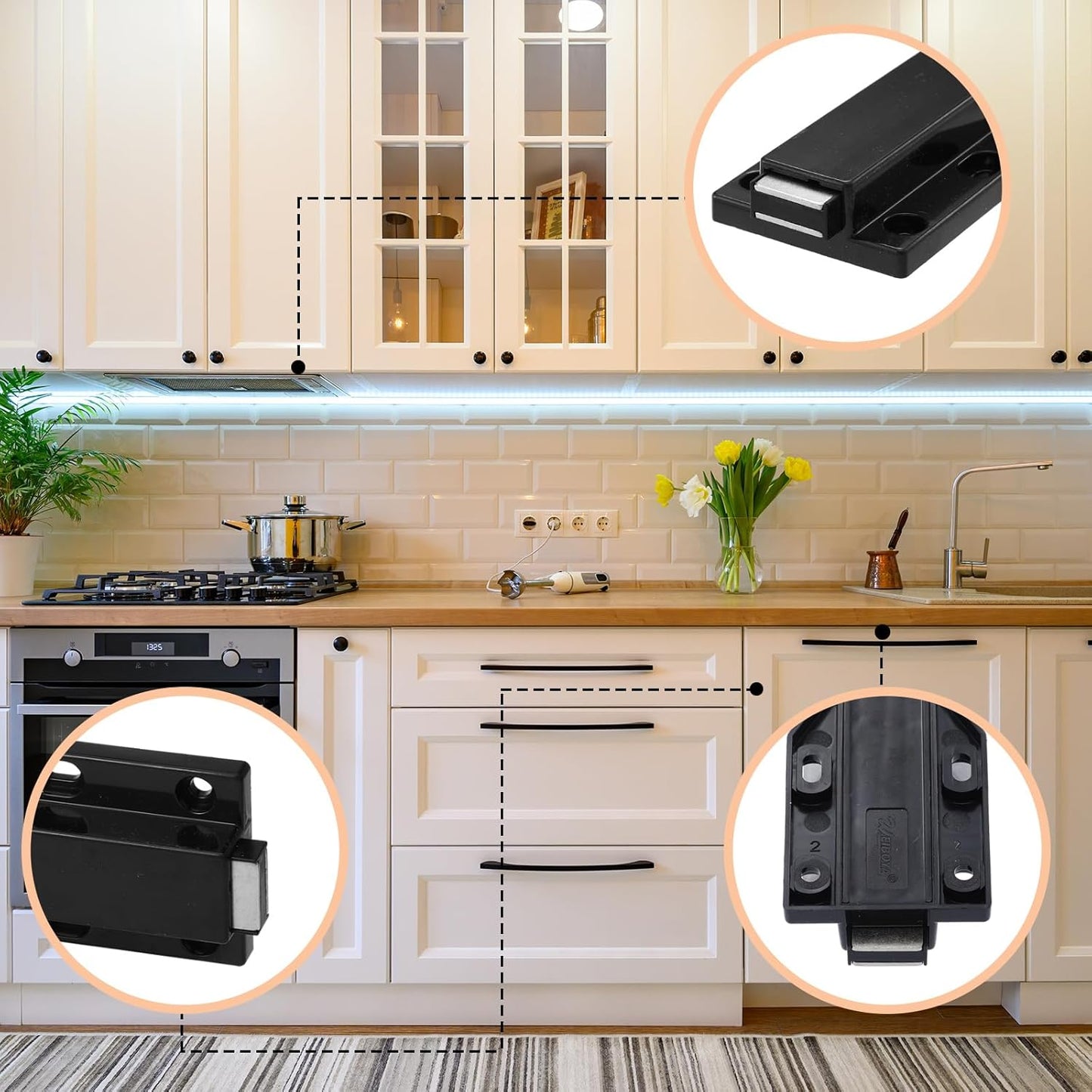 8 Pack Heavy Duty Magnetic Push Latch for Cabinet Doors - Touch Release Magnets for Kitchen Drawers - Black Cabinet Hardware