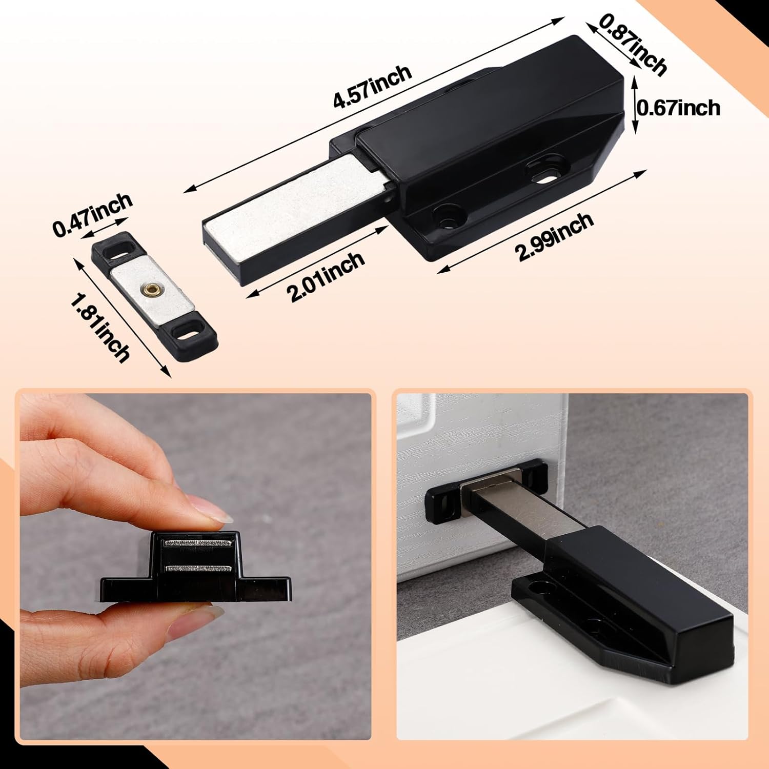 8 Pack Heavy Duty Magnetic Push Latch for Cabinet Doors - Touch Release Magnets for Kitchen Drawers - Black Cabinet Hardware