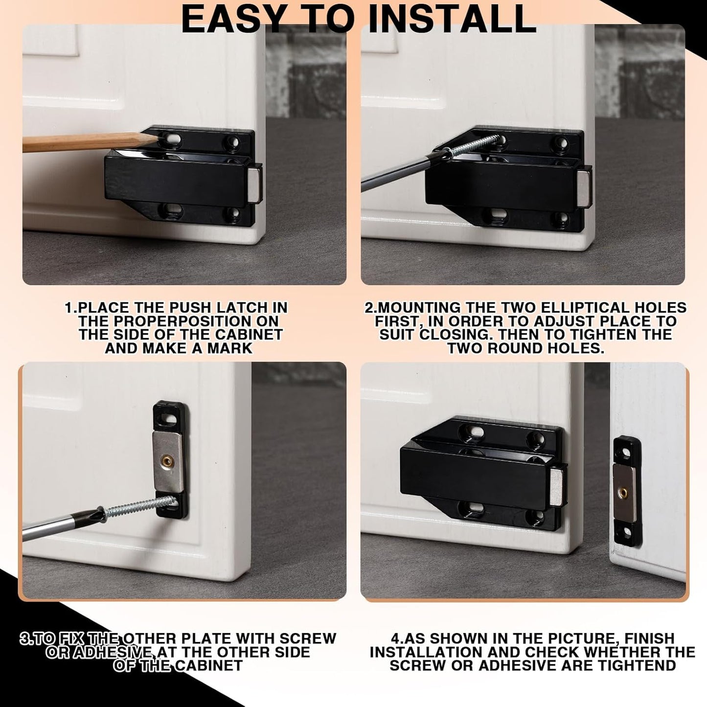 8 Pack Heavy Duty Magnetic Push Latch for Cabinet Doors - Touch Release Magnets for Kitchen Drawers - Black Cabinet Hardware