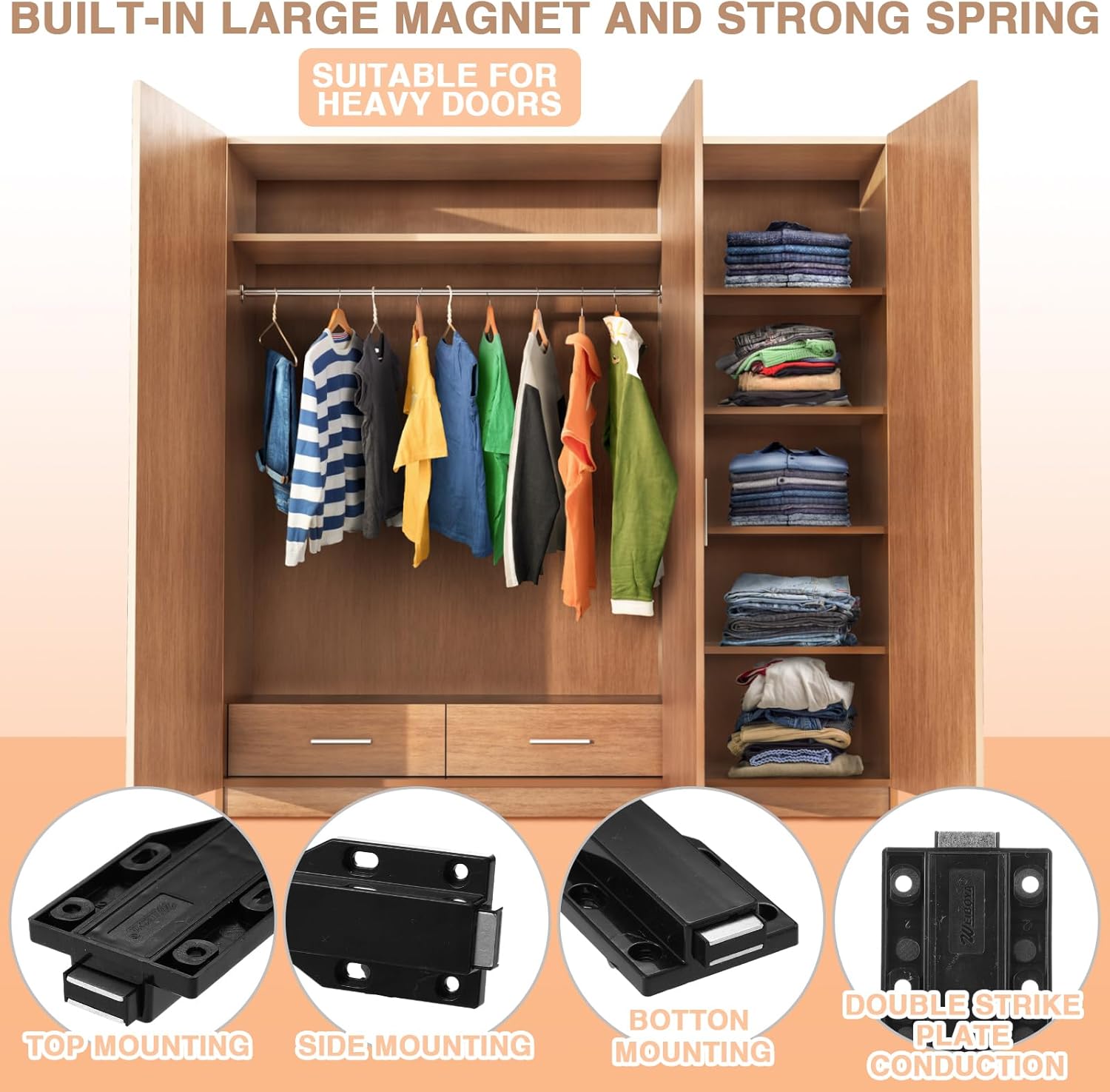 8 Pack Heavy Duty Magnetic Push Latch for Cabinet Doors - Touch Release Magnets for Kitchen Drawers - Black Cabinet Hardware