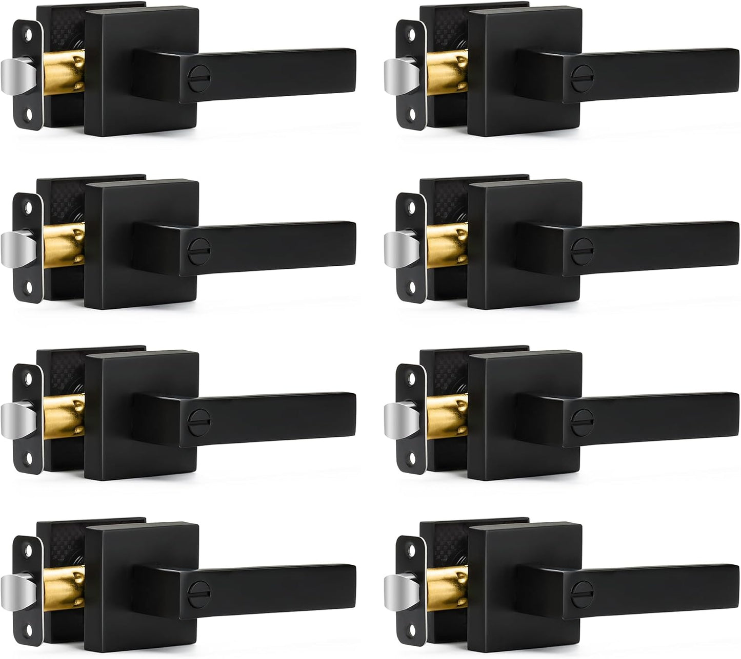 8 Pack Matte Black Keyless Privacy Door Levers for Bedroom Bathroom - Reversible Square Interior Door Handles