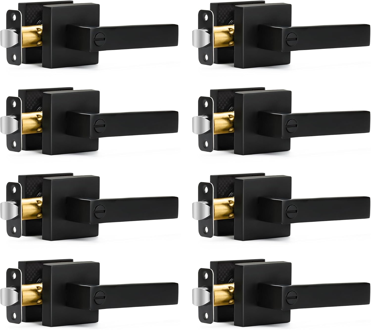 8 Pack Matte Black Keyless Privacy Door Levers for Bedroom Bathroom - Reversible Square Interior Door Handles