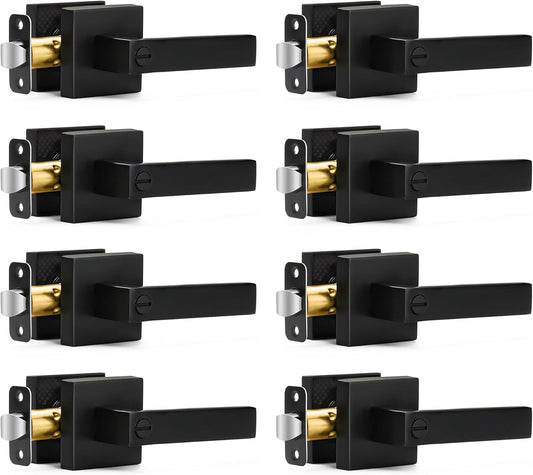 8 Pack Matte Black Keyless Privacy Door Levers for Bedroom Bathroom - Reversible Square Interior Door Handles