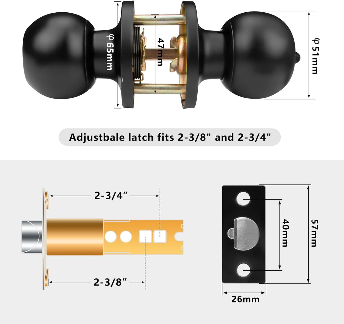 8 Pack Matte Black Privacy Door Knobs for Bedroom and Bathroom - Keyless Round Lockset with Hardwares & Instructions