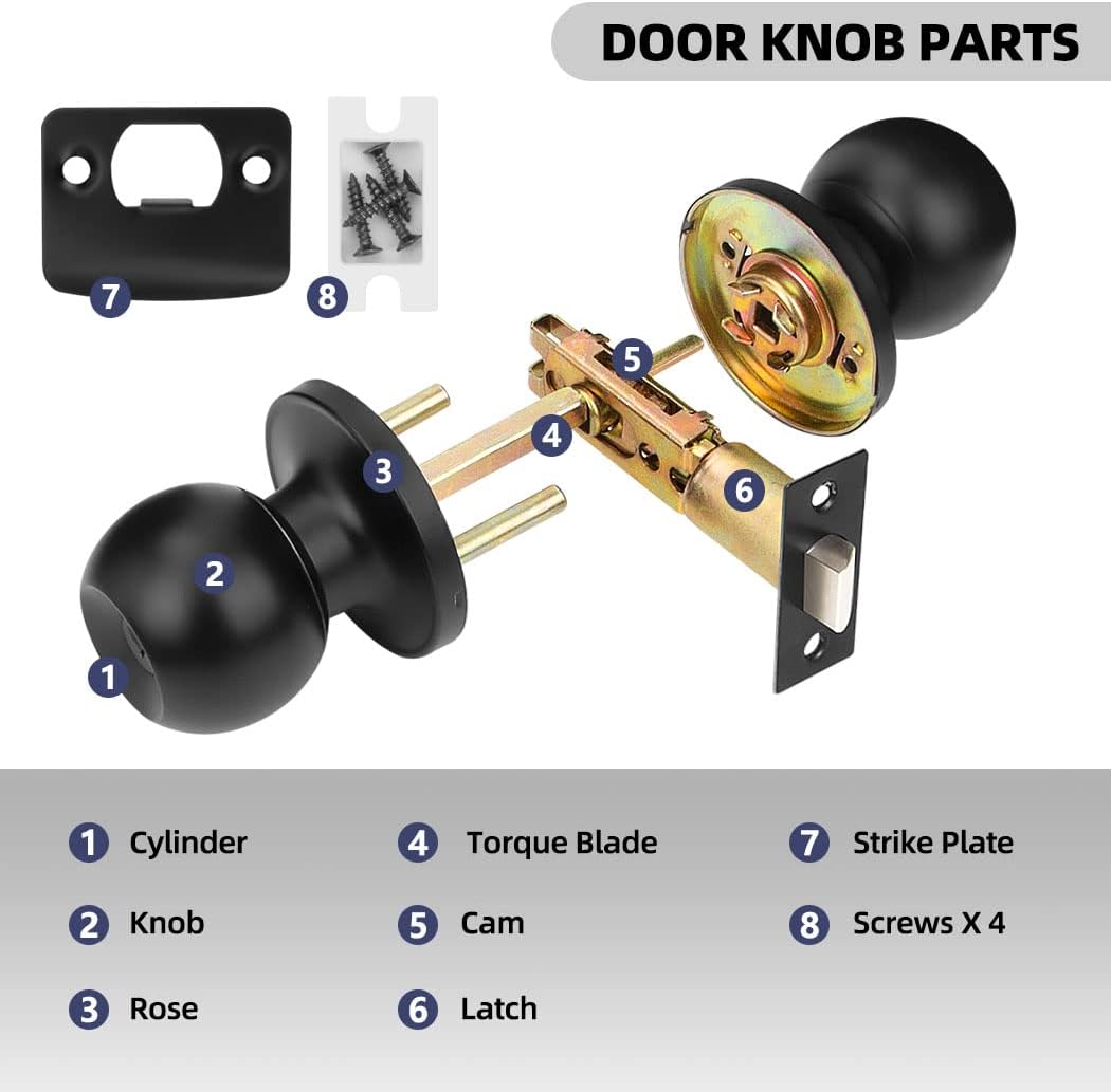 8 Pack Matte Black Privacy Door Knobs for Bedroom and Bathroom - Keyless Round Lockset with Hardwares & Instructions