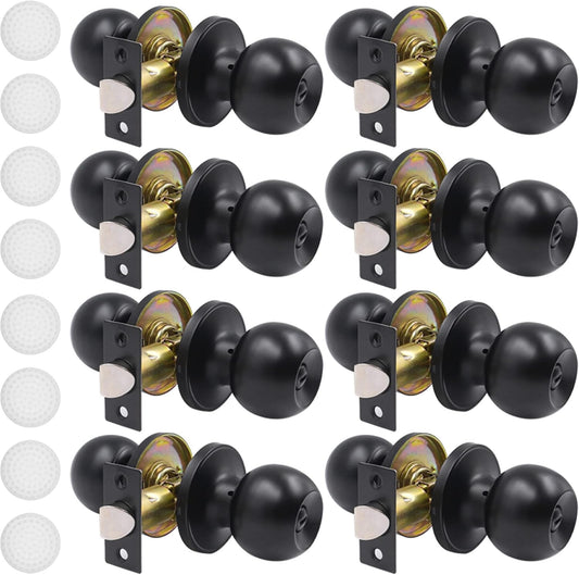 8 Pack Matte Black Privacy Door Knobs with Stoppers for Bedroom, Bathroom, and Passage - Keyless Interior Door Handles