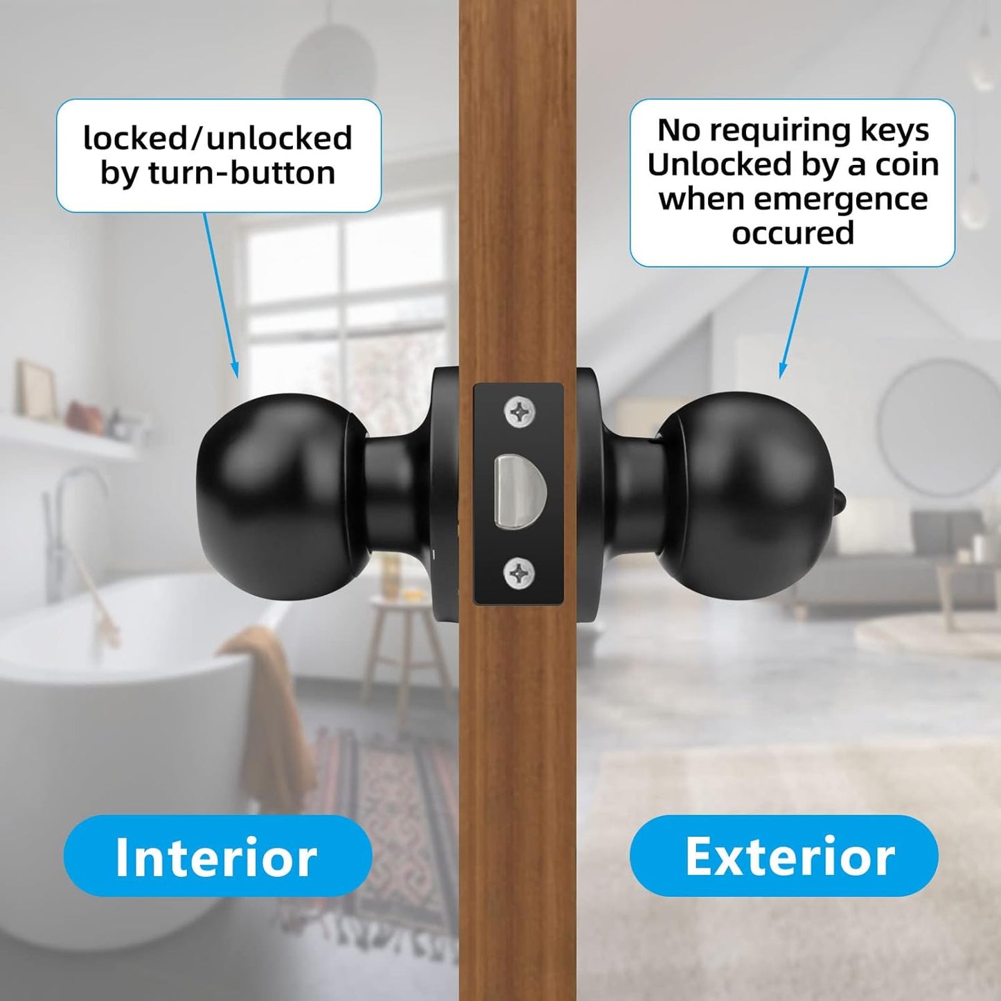 8 Pack Matte Black Privacy Door Knobs with Stoppers for Bedroom, Bathroom, and Passage - Keyless Interior Door Handles