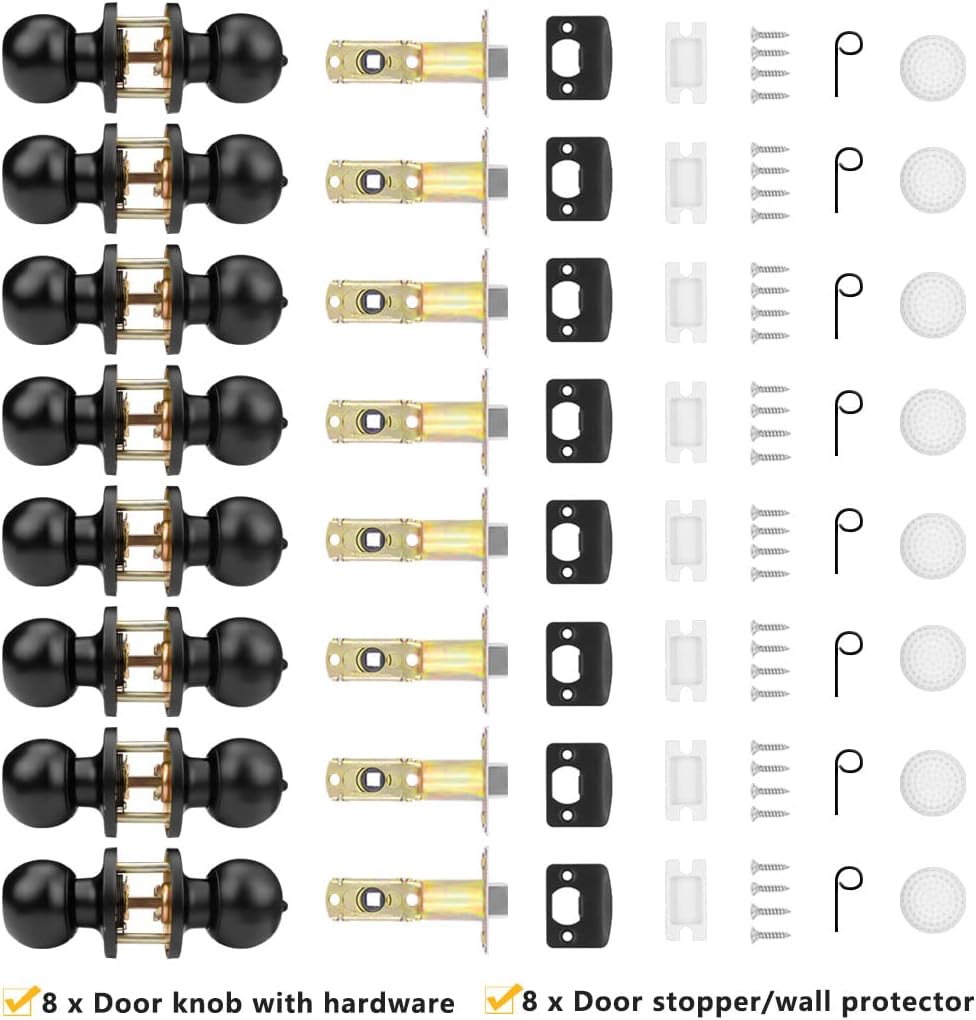 8 Pack Matte Black Privacy Door Knobs with Stoppers for Bedroom, Bathroom, and Passage - Keyless Interior Door Handles