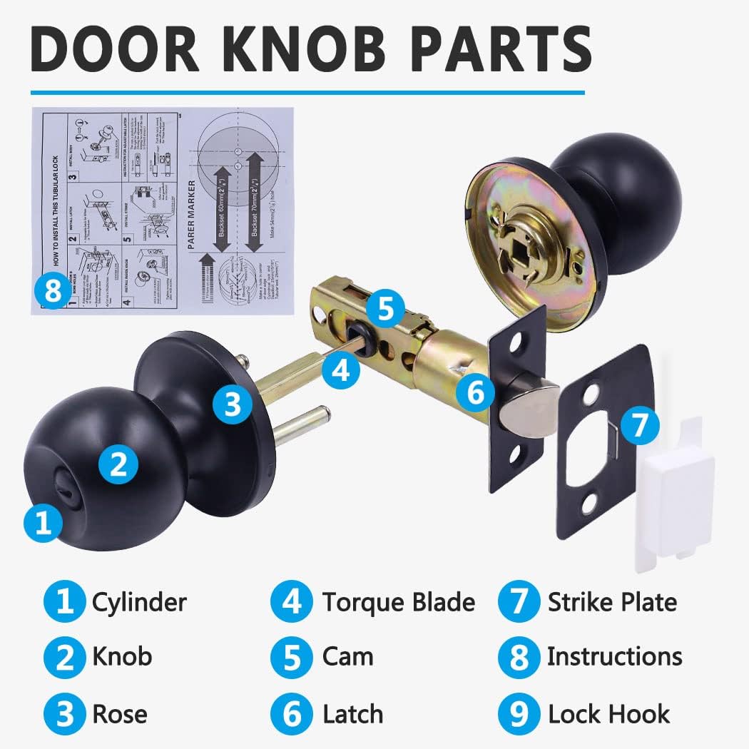 8 Pack Matte Black Privacy Door Knobs with Stoppers for Bedroom, Bathroom, and Passage - Keyless Interior Door Handles