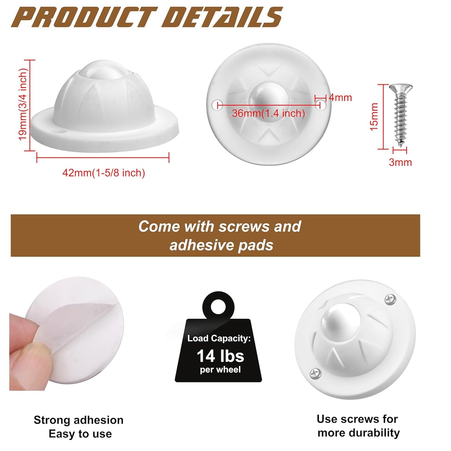 8 Pack PlusRoc Self Adhesive Caster Wheels for Appliances, 14LBS Load Capacity per Wheel, Mini Swivel Wheels for Stand Mixers and Air Fryers