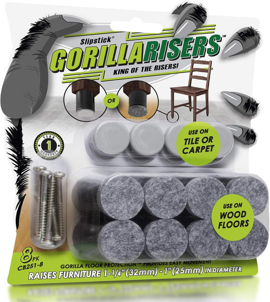 8 Pack Slipstick GorillaRisers CB251-8: Screw on Furniture Risers for Chair or Table - Raise Height 1-1/4" to 1-1/2" - Plastic & Felt Combo
