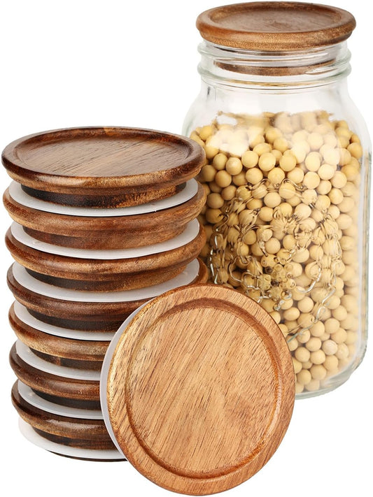 8 Pack Wide Mouth Mason Jar Lids with Wooden and Silicone Seals - Ideal for Canning and Preserving - Brown (8PCS Wide Lids)