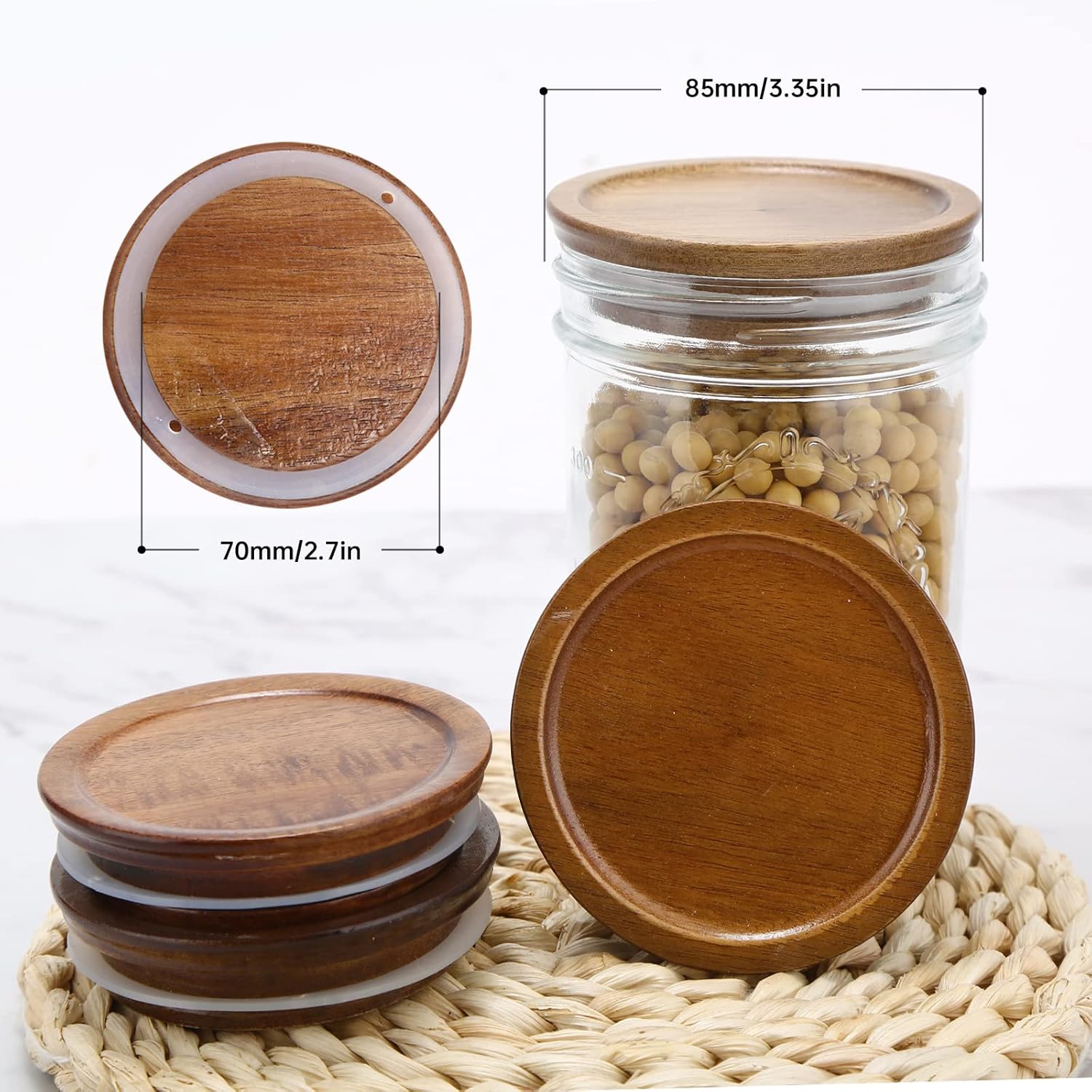 8 Pack Wide Mouth Mason Jar Lids with Wooden and Silicone Seals - Ideal for Canning and Preserving - Brown (8PCS Wide Lids)
