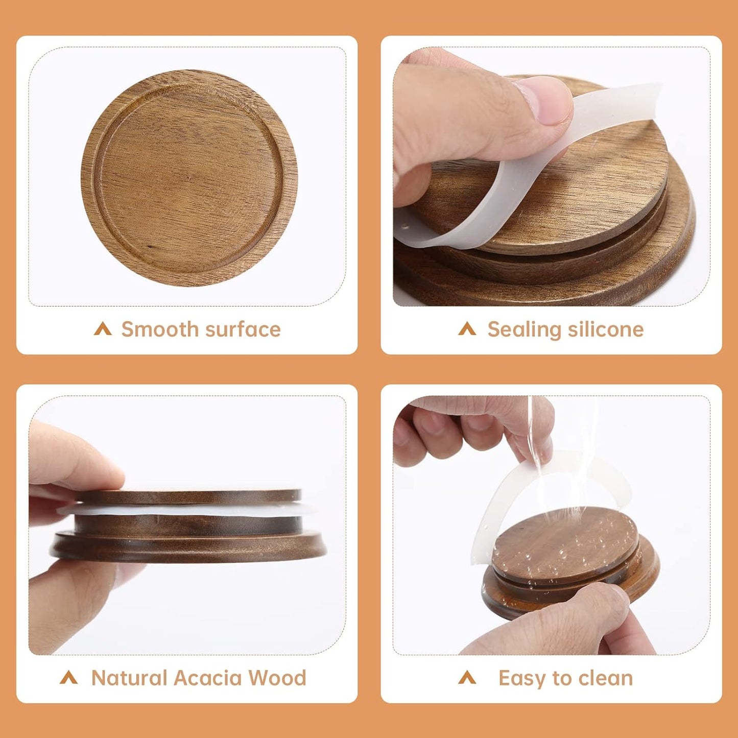 8 Pack Wide Mouth Mason Jar Lids with Wooden and Silicone Seals - Ideal for Canning and Preserving - Brown (8PCS Wide Lids)
