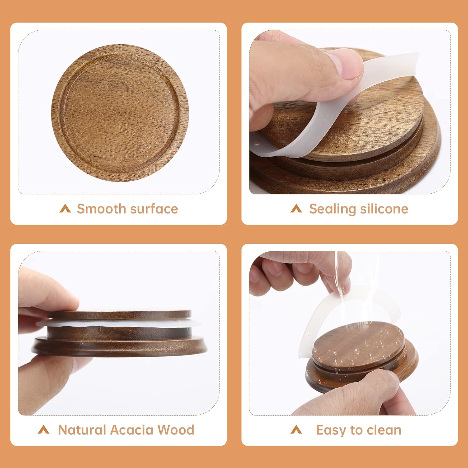 8 Pack Wide Mouth Mason Jar Lids with Wooden and Silicone Seals - Ideal for Canning and Preserving - Brown (8PCS Wide Lids)