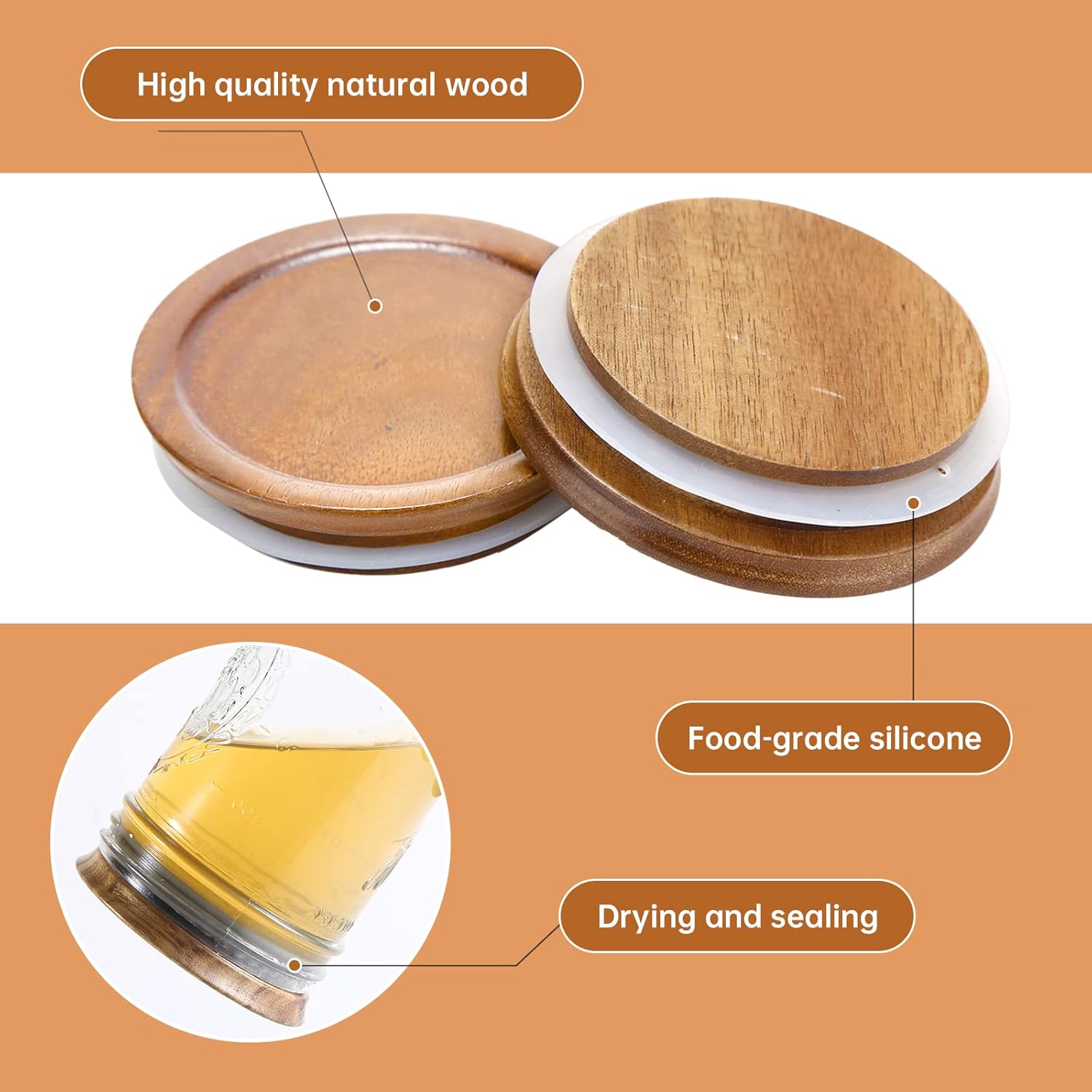 8 Pack Wide Mouth Mason Jar Lids with Wooden and Silicone Seals - Ideal for Canning and Preserving - Brown (8PCS Wide Lids)