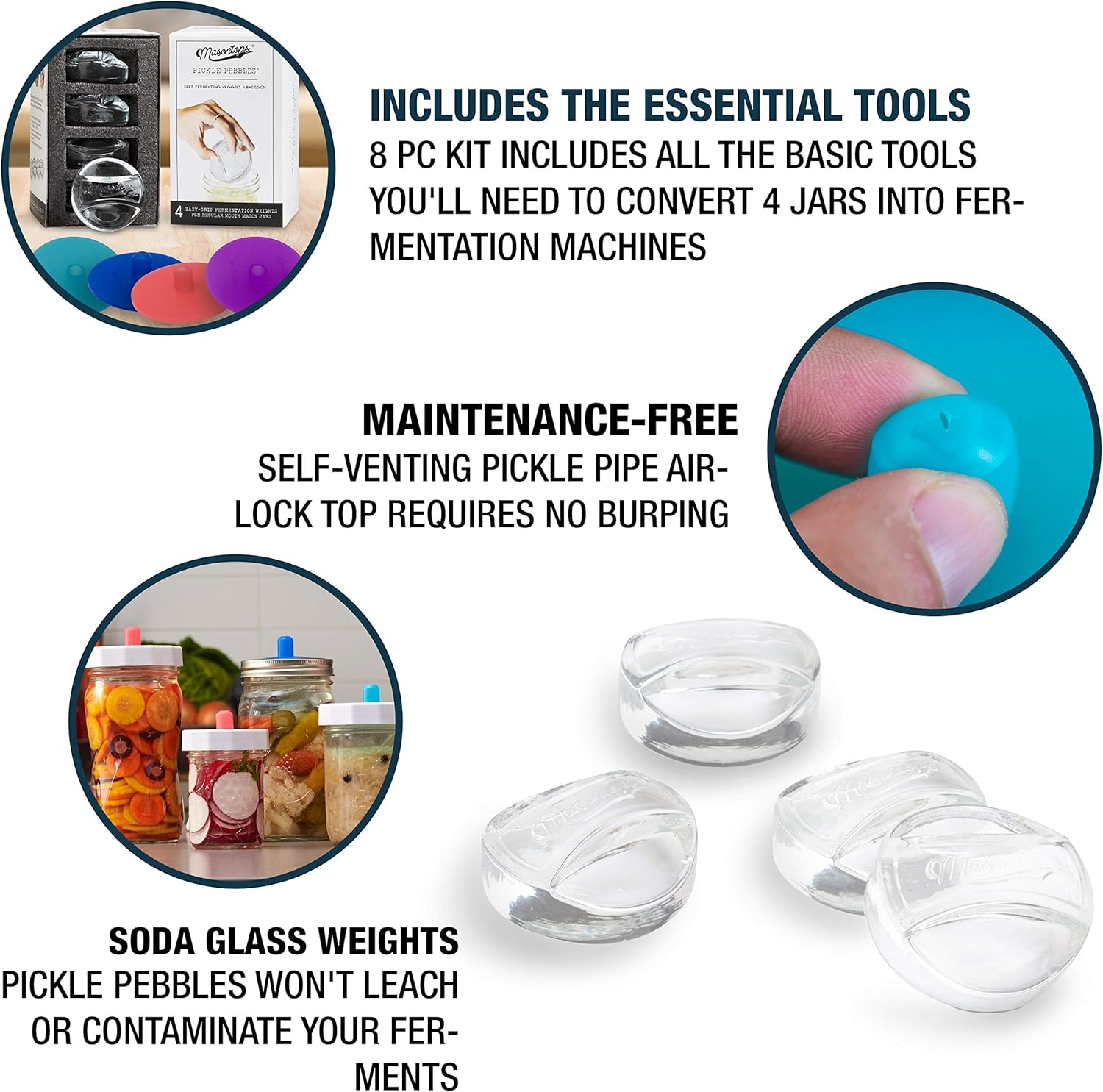 8 PC Pickle Pebbles Glass Weights & Pickle Pipes Airlock Kit for Small Regular Mouth Pickling & Canning Lids by Masontops