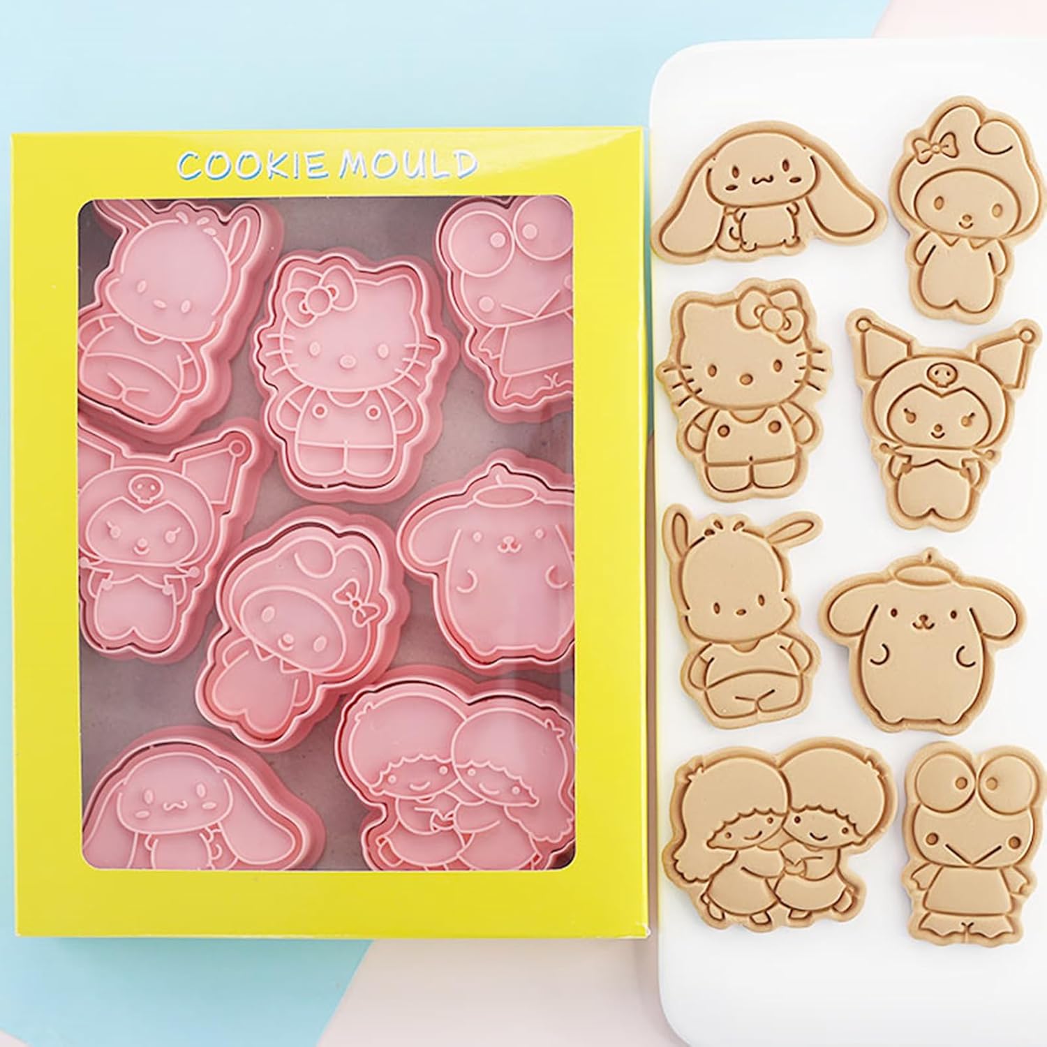 8-Piece Cute Kitty Cartoon Cookie Cutters & Stamps Set for Kids Birthday Party Decorations - Melody Cat Kawaii Design.