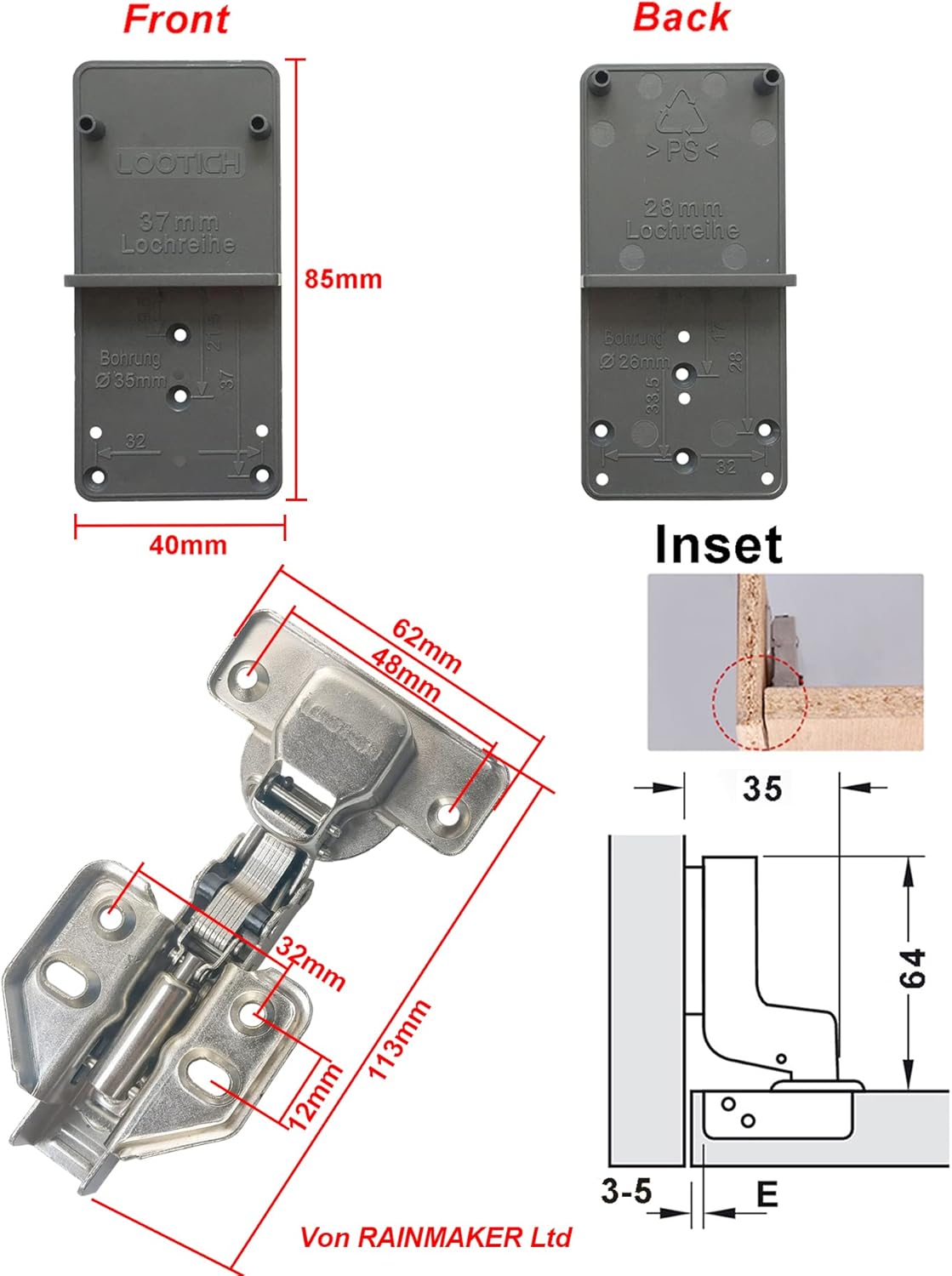 8-Piece LOOTICH 110-Degree Soft Close Kitchen Cabinet Hinges with Concealed Mounting and Drilling Jig