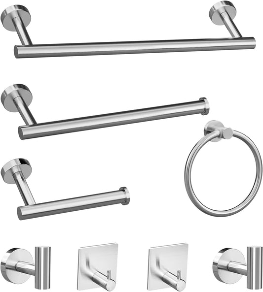 8-Piece Stainless Steel Bathroom Hardware Set in Brushed Nickel Finish - Includes Wall Mounted Towel Rack, Toilet Paper Holder, Towel Ring, Robe Towel Hook