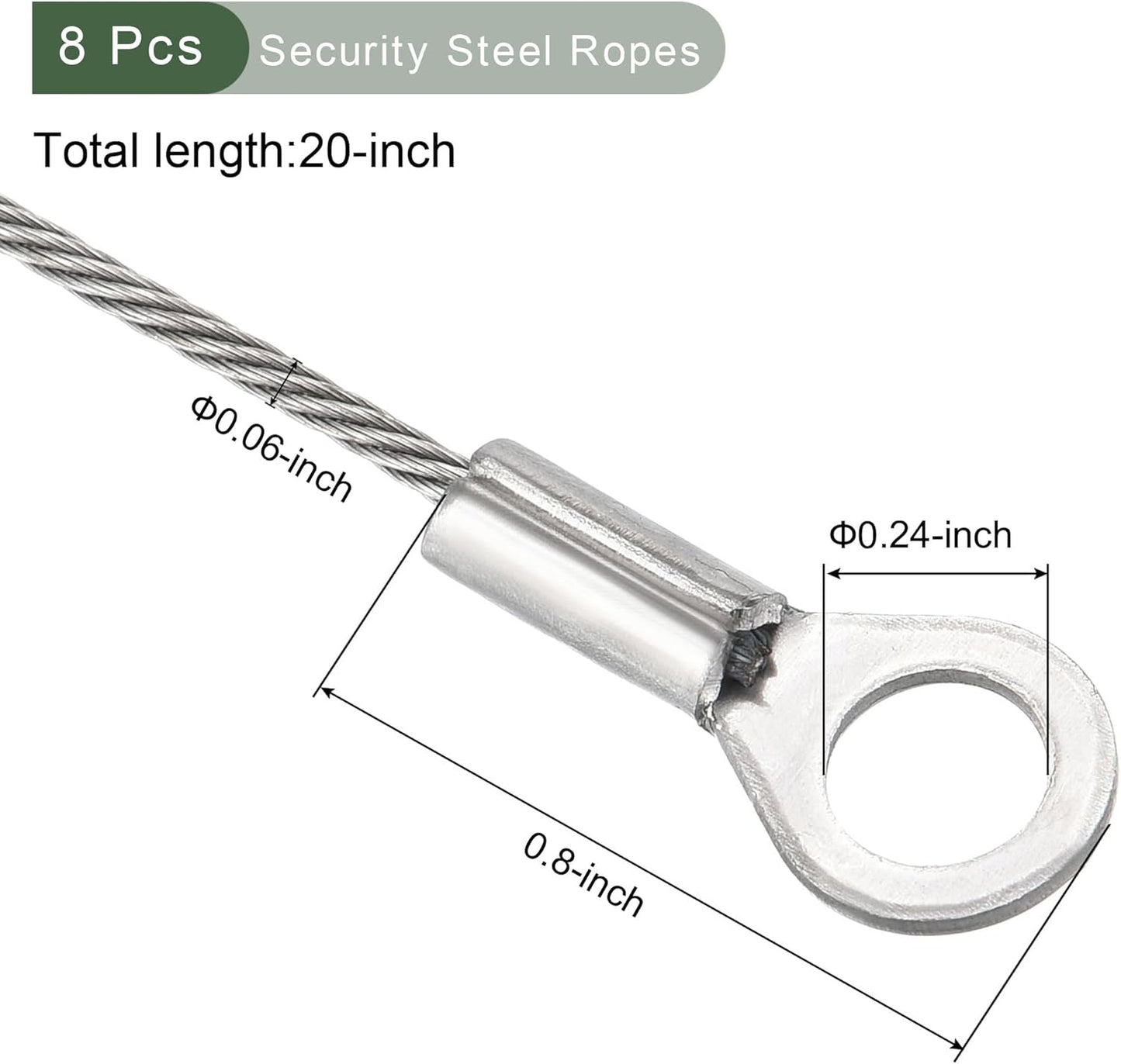 8-Piece Stainless Steel Security Cable with ID Eyelets for Safety Wire Rope - Ideal for Stage Lighting & Luggage Locking (Silver, 20 x 0.06-Inch)