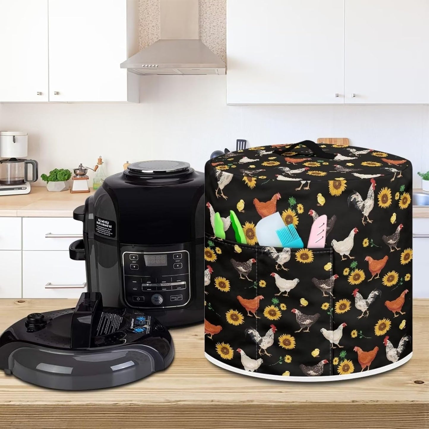 8 Qt Insulated Pressure Cooker Cover with Pocket - Fits Rice Cooker, Air Fryer, and Crock Pot - Chicken Sunflower Black Pattern - NETILGEN