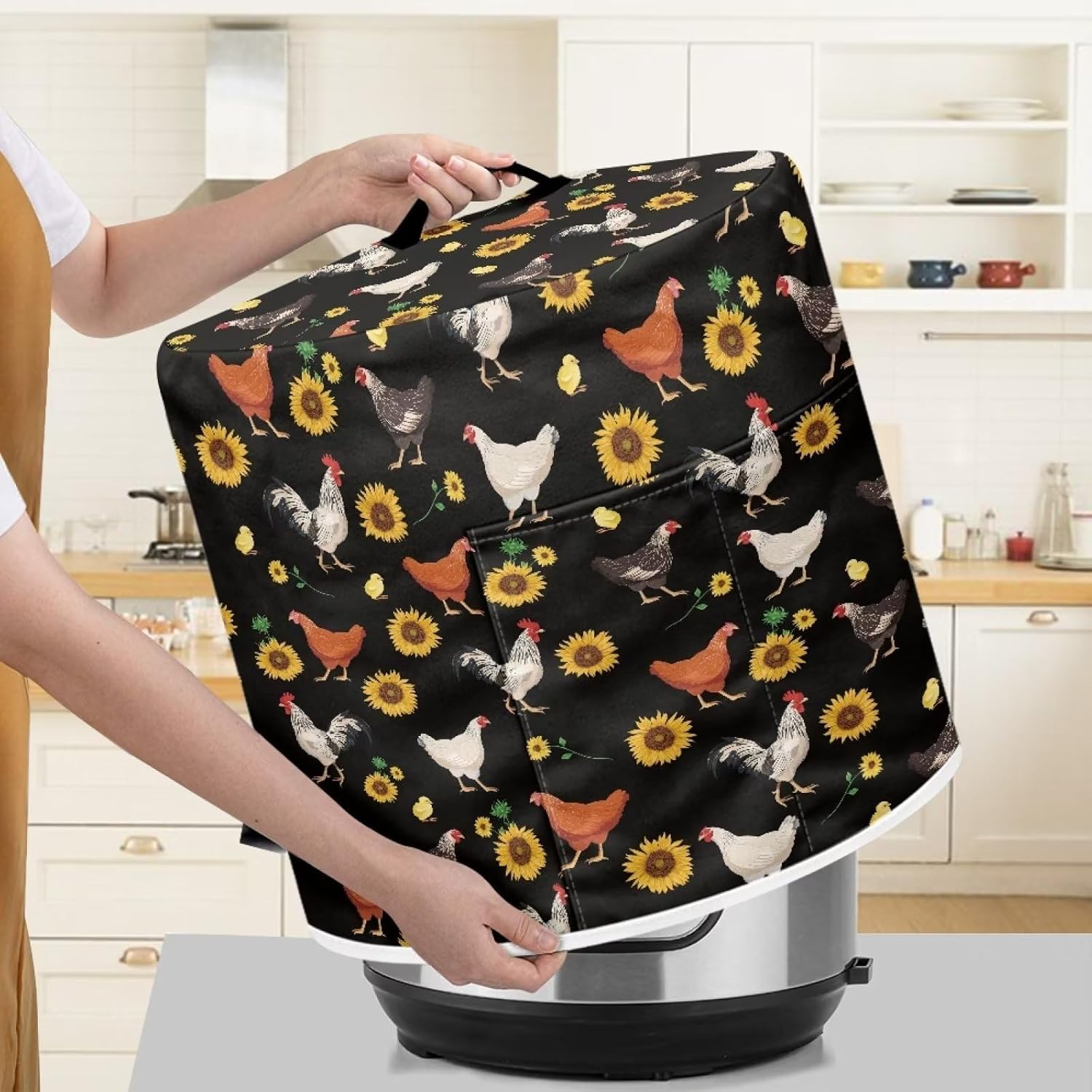 8 Qt Insulated Pressure Cooker Cover with Pocket - Fits Rice Cooker, Air Fryer, and Crock Pot - Chicken Sunflower Black Pattern - NETILGEN