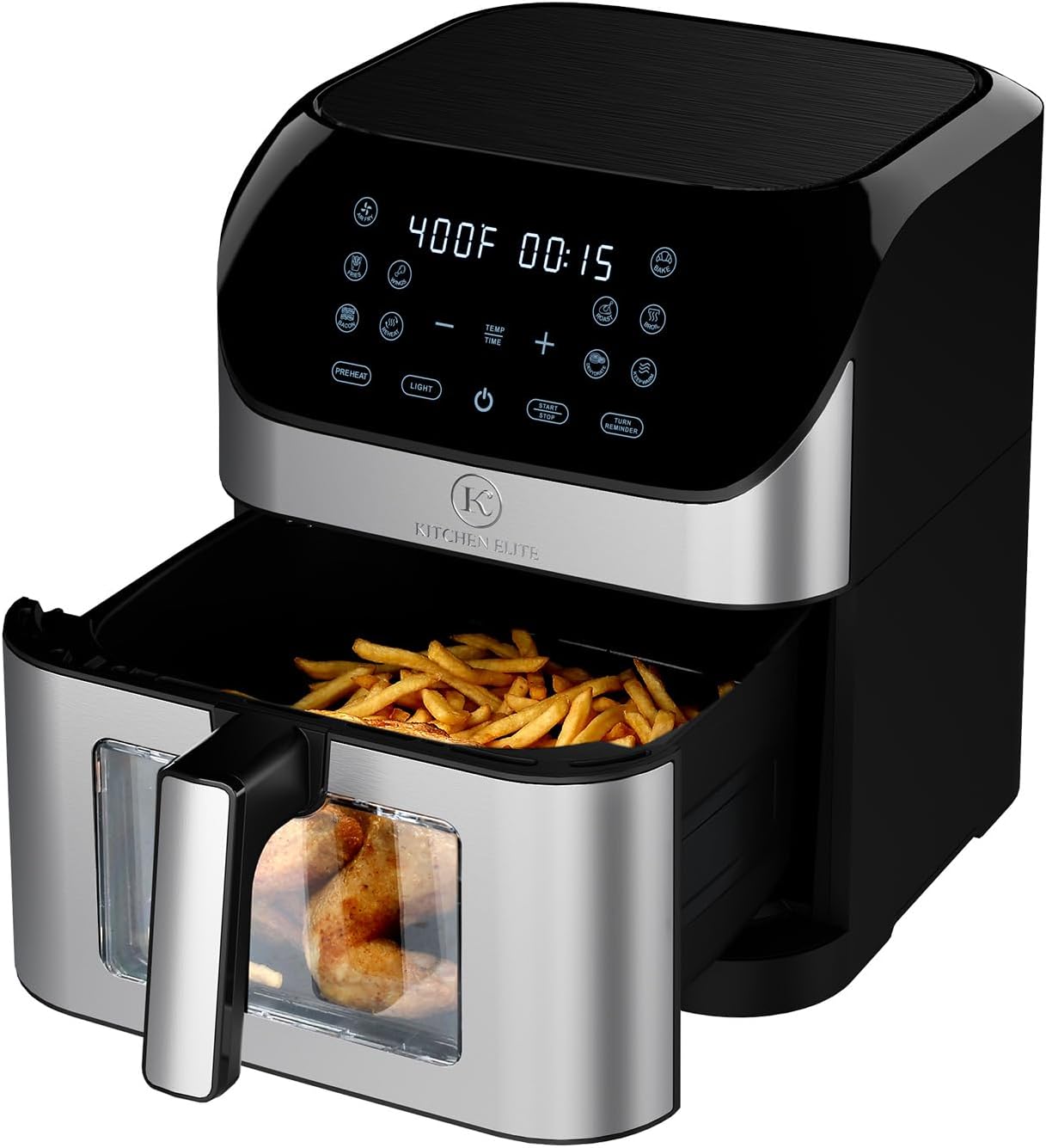 8 Qt Kitchen Elite Air Fryer with Clear Window, 8 Presets, 3 Special Features, One-Touch Panel, Turbo Airflow, Nonstick Basket
