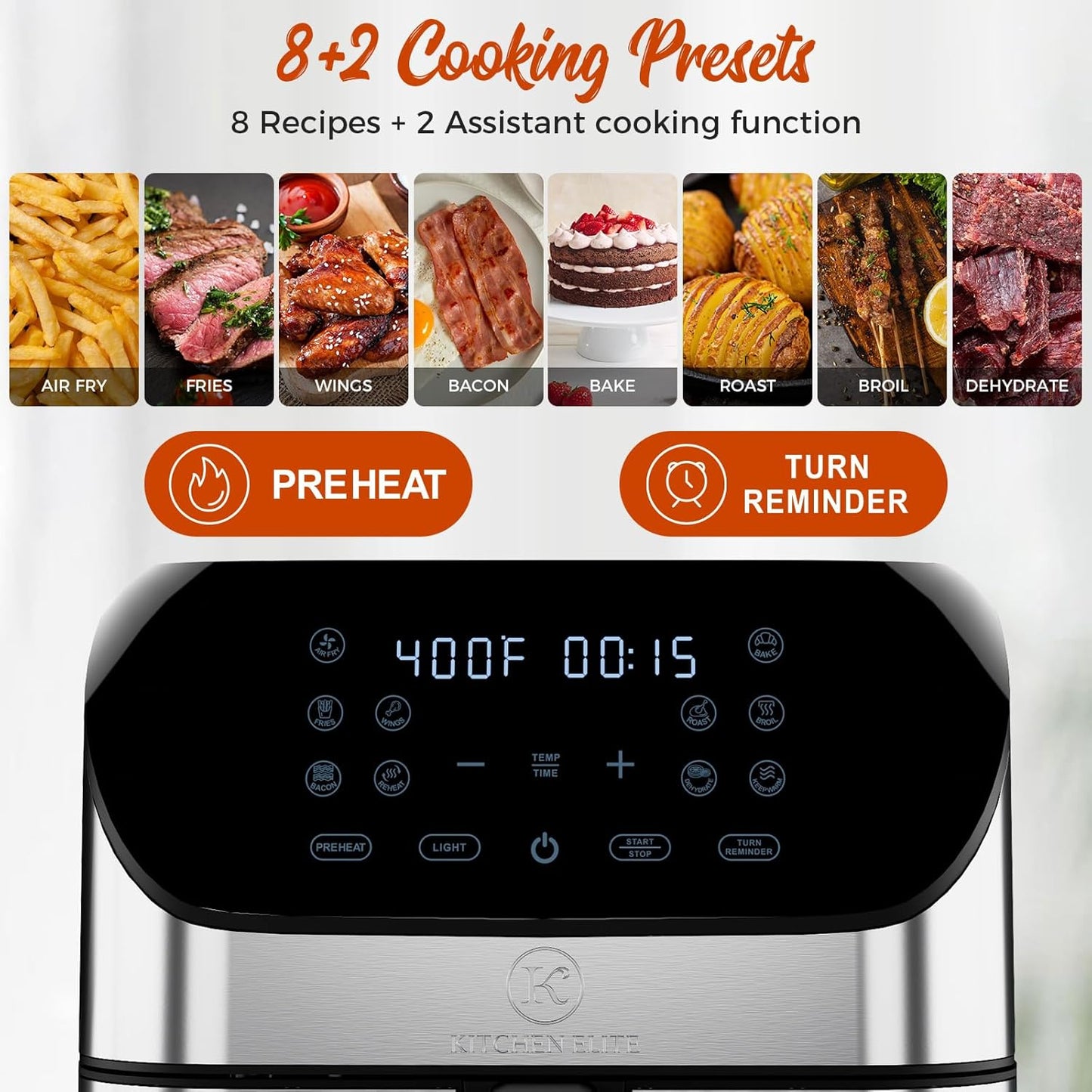 8 Qt Kitchen Elite Air Fryer with Clear Window, 8 Presets, 3 Special Features, One-Touch Panel, Turbo Airflow, Nonstick Basket