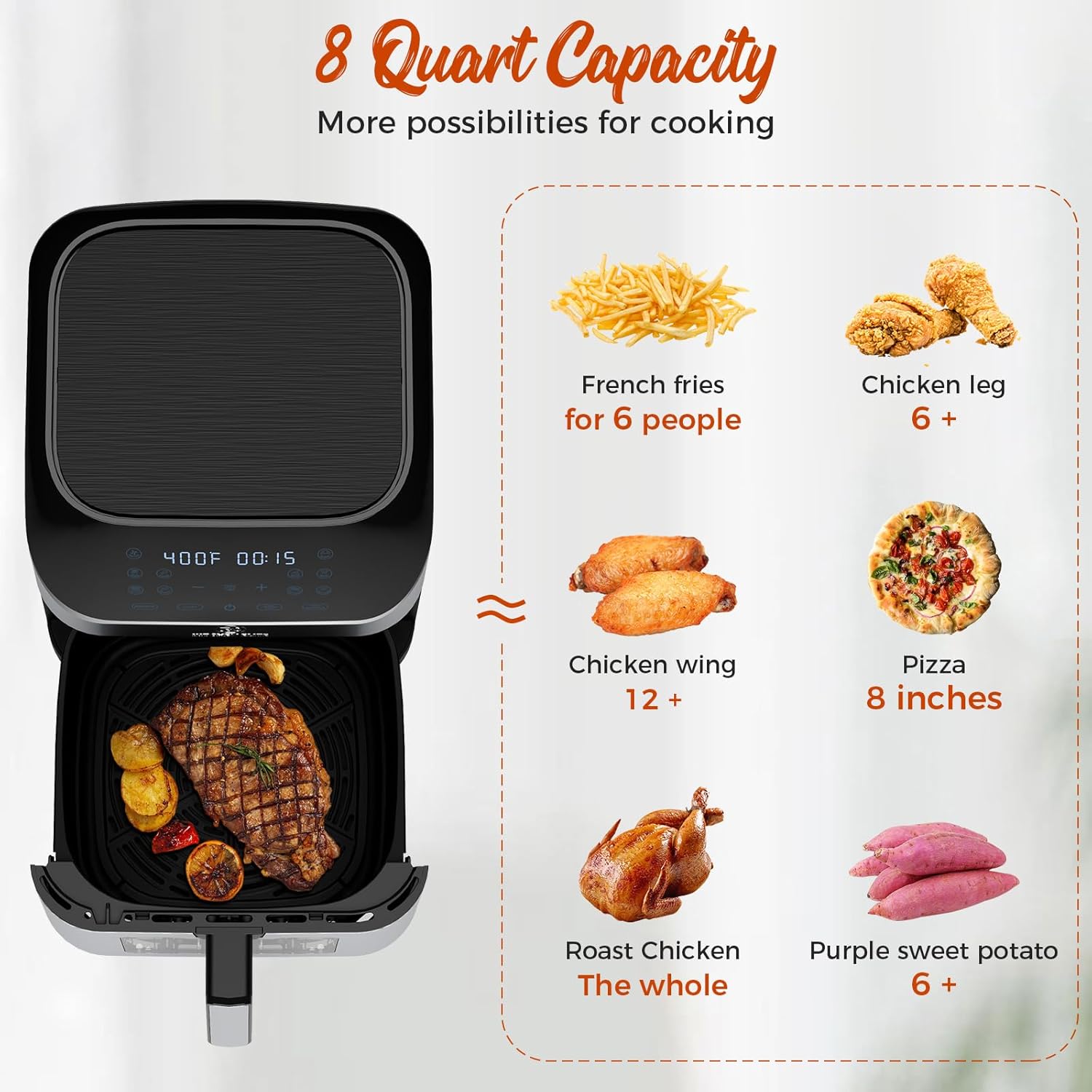 8 Qt Kitchen Elite Air Fryer with Clear Window, 8 Presets, 3 Special Features, One-Touch Panel, Turbo Airflow, Nonstick Basket