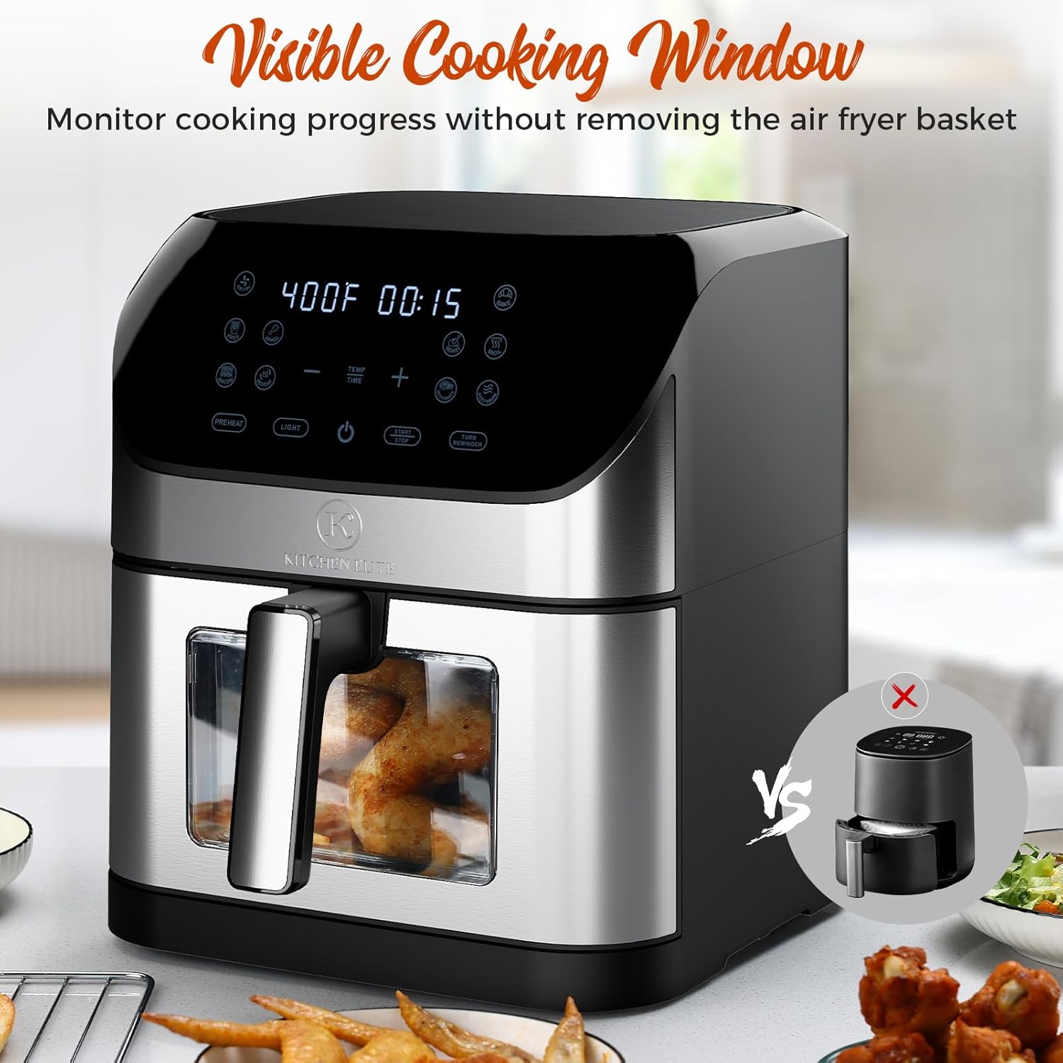 8 Qt Kitchen Elite Air Fryer with Clear Window, 8 Presets, 3 Special Features, One-Touch Panel, Turbo Airflow, Nonstick Basket