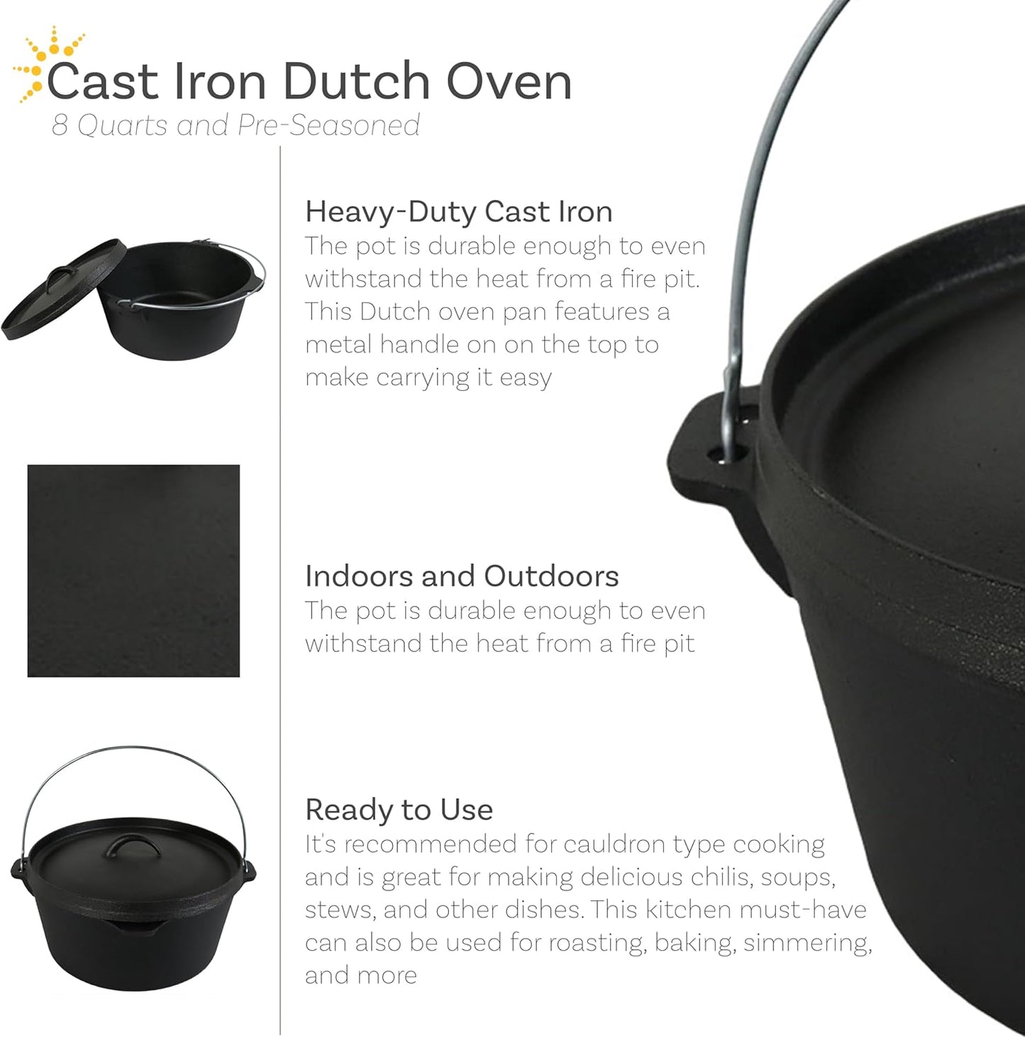 8-Quart Pre-Seasoned Cast Iron Dutch Oven Pot with Lid and Handle - Deep Black for Camp Chili, Stew, and Soup