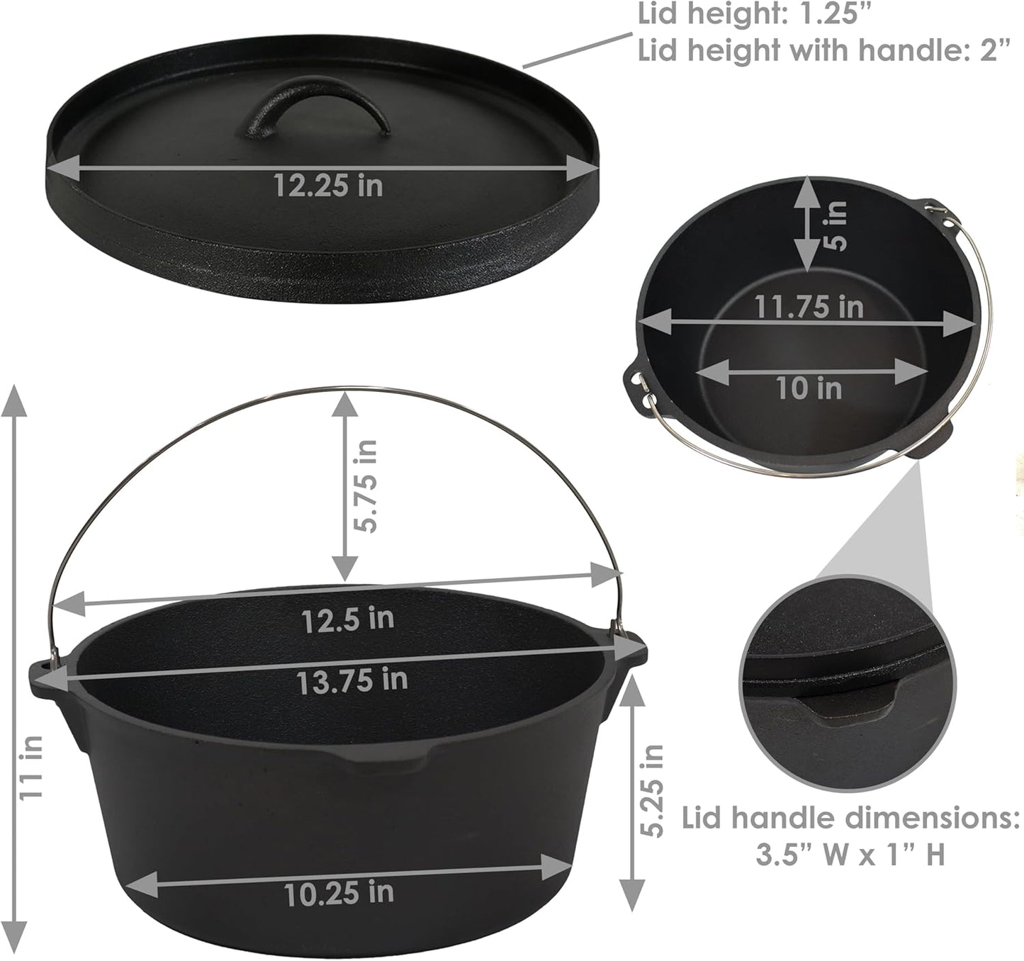 8-Quart Pre-Seasoned Cast Iron Dutch Oven Pot with Lid and Handle - Deep Black for Camp Chili, Stew, and Soup