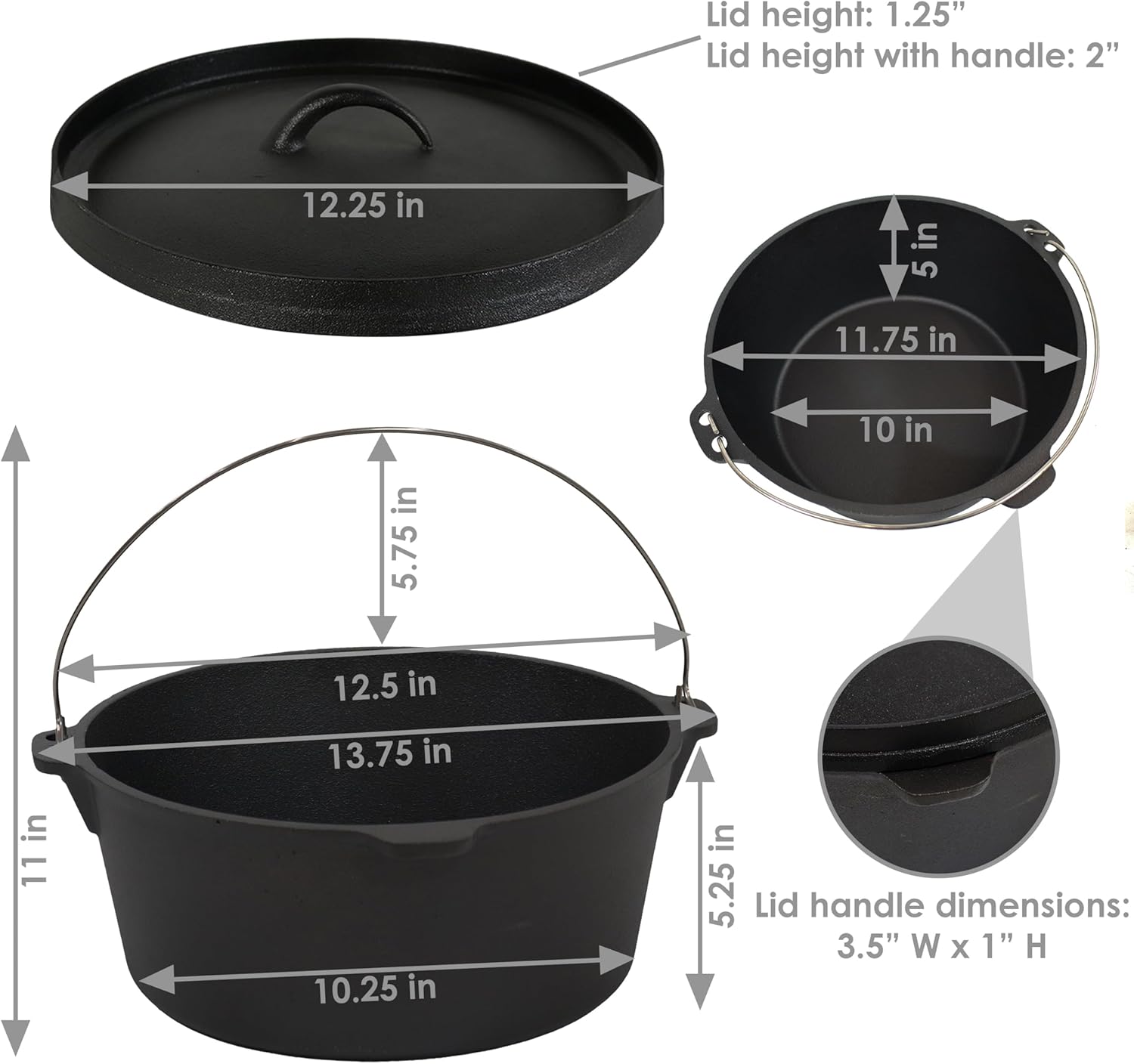 8-Quart Pre-Seasoned Cast Iron Dutch Oven Pot with Lid and Handle - Deep Black for Camp Chili, Stew, and Soup
