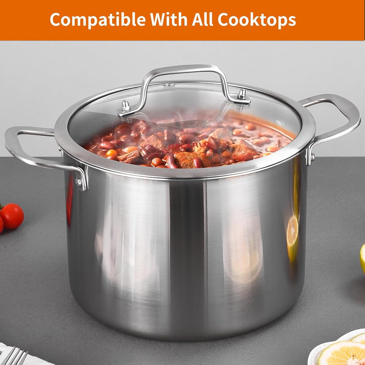 8 Quart Tri-Ply Stainless Steel Stock Pot with Lid - All Stove Compatible up to 600℉ - Large Induction Soup Pot for Cooking