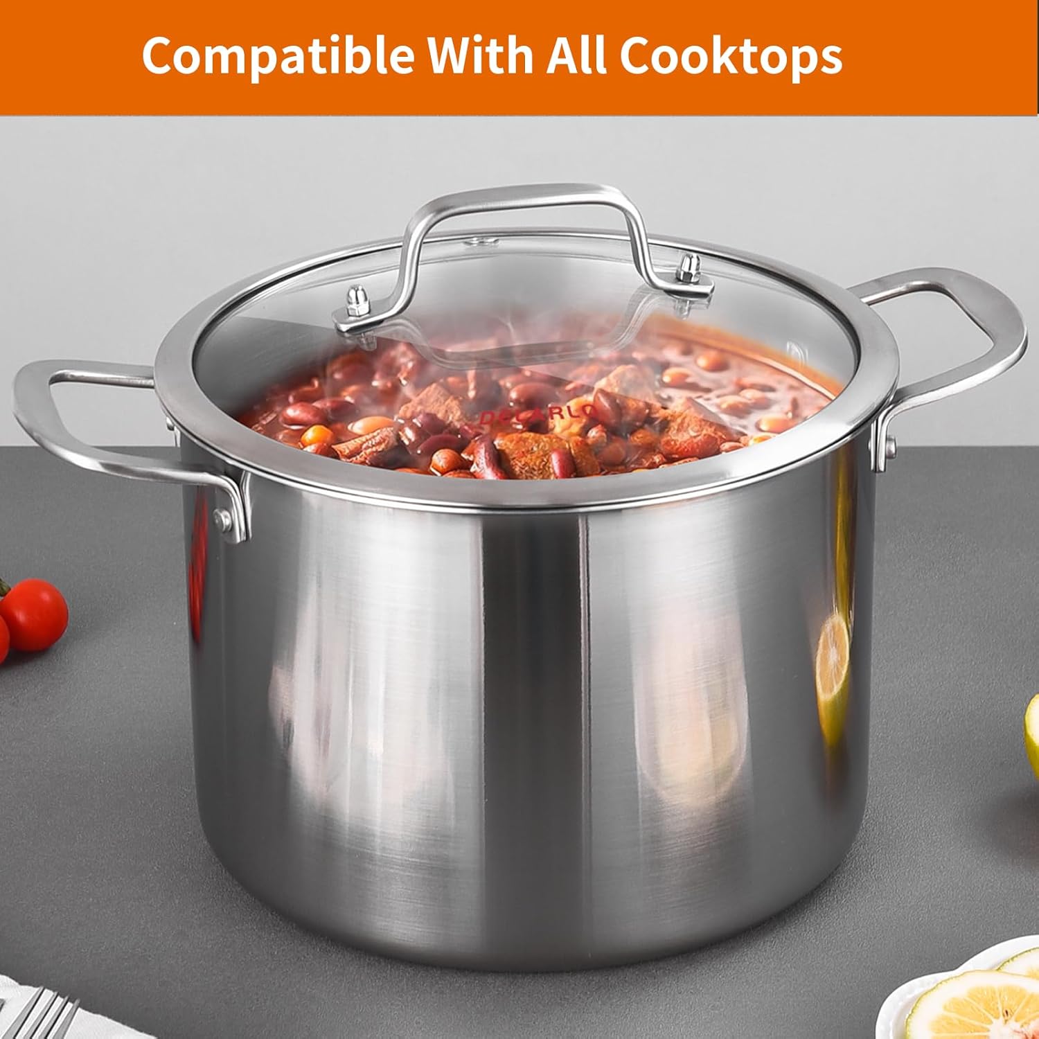 8 Quart Tri-Ply Stainless Steel Stock Pot with Lid - All Stove Compatible up to 600℉ - Large Induction Soup Pot for Cooking