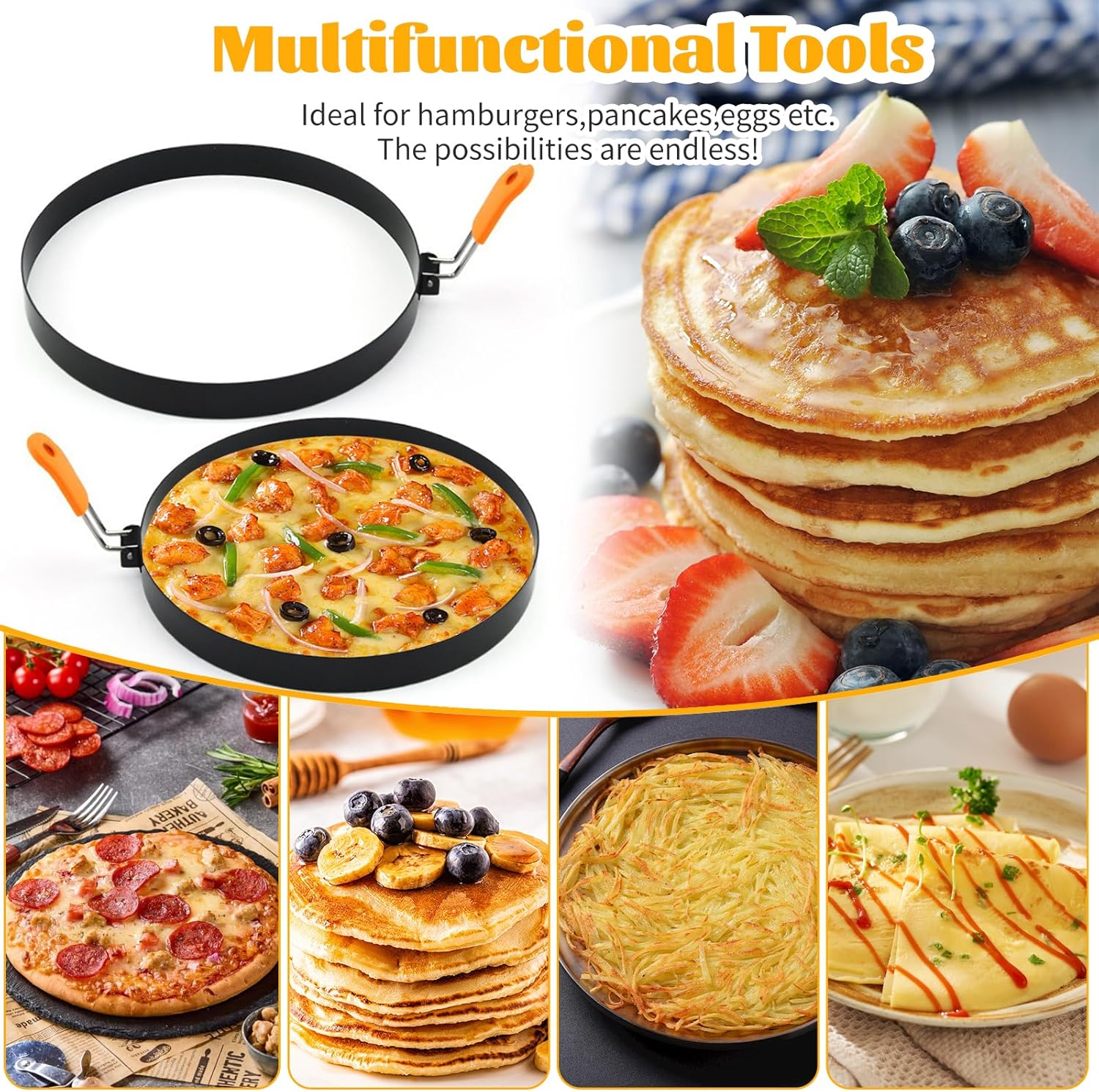 8" Stainless Steel Non-stick Omelette Ring Set for Griddle - 2 Pack Large Omelet Rings with Silicone Handle