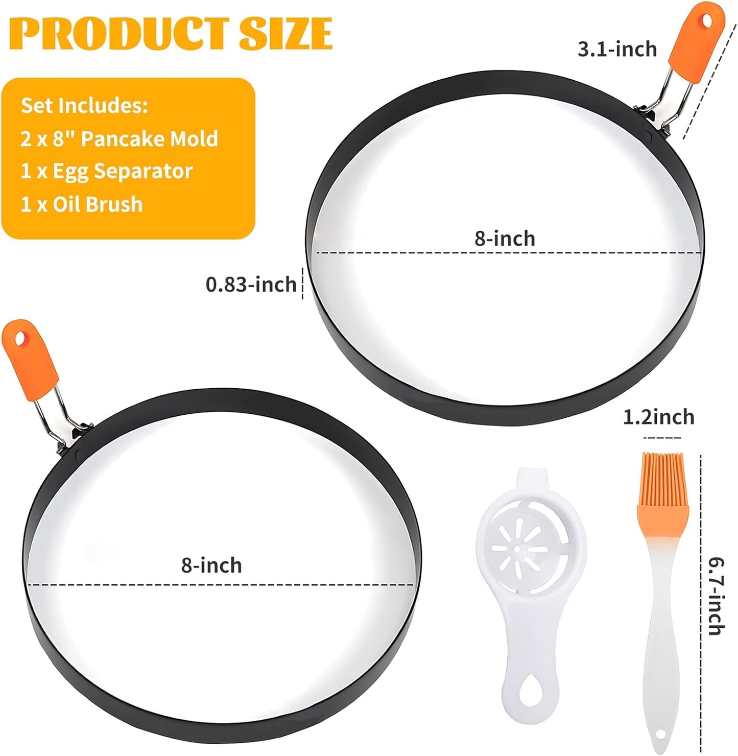 8" Stainless Steel Non-stick Omelette Ring Set for Griddle - 2 Pack Large Omelet Rings with Silicone Handle