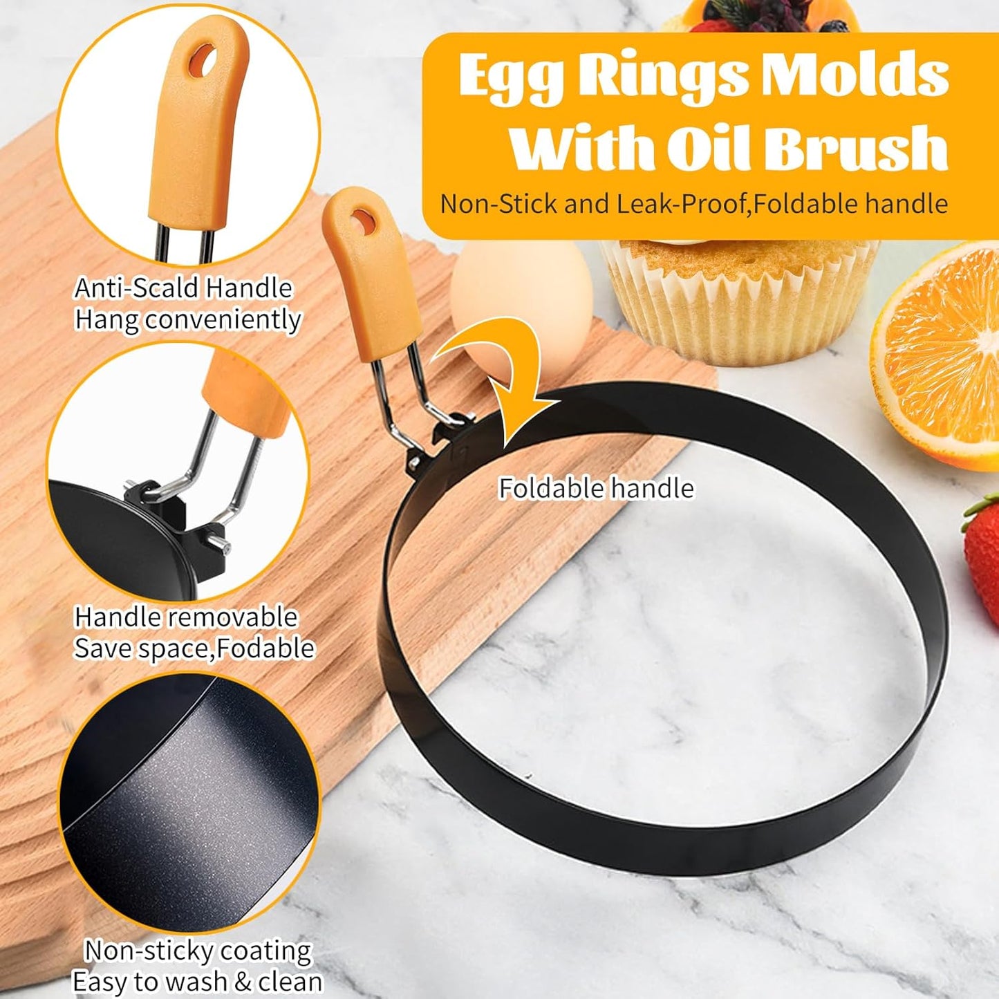 8" Stainless Steel Non-stick Omelette Ring Set for Griddle - 2 Pack Large Omelet Rings with Silicone Handle