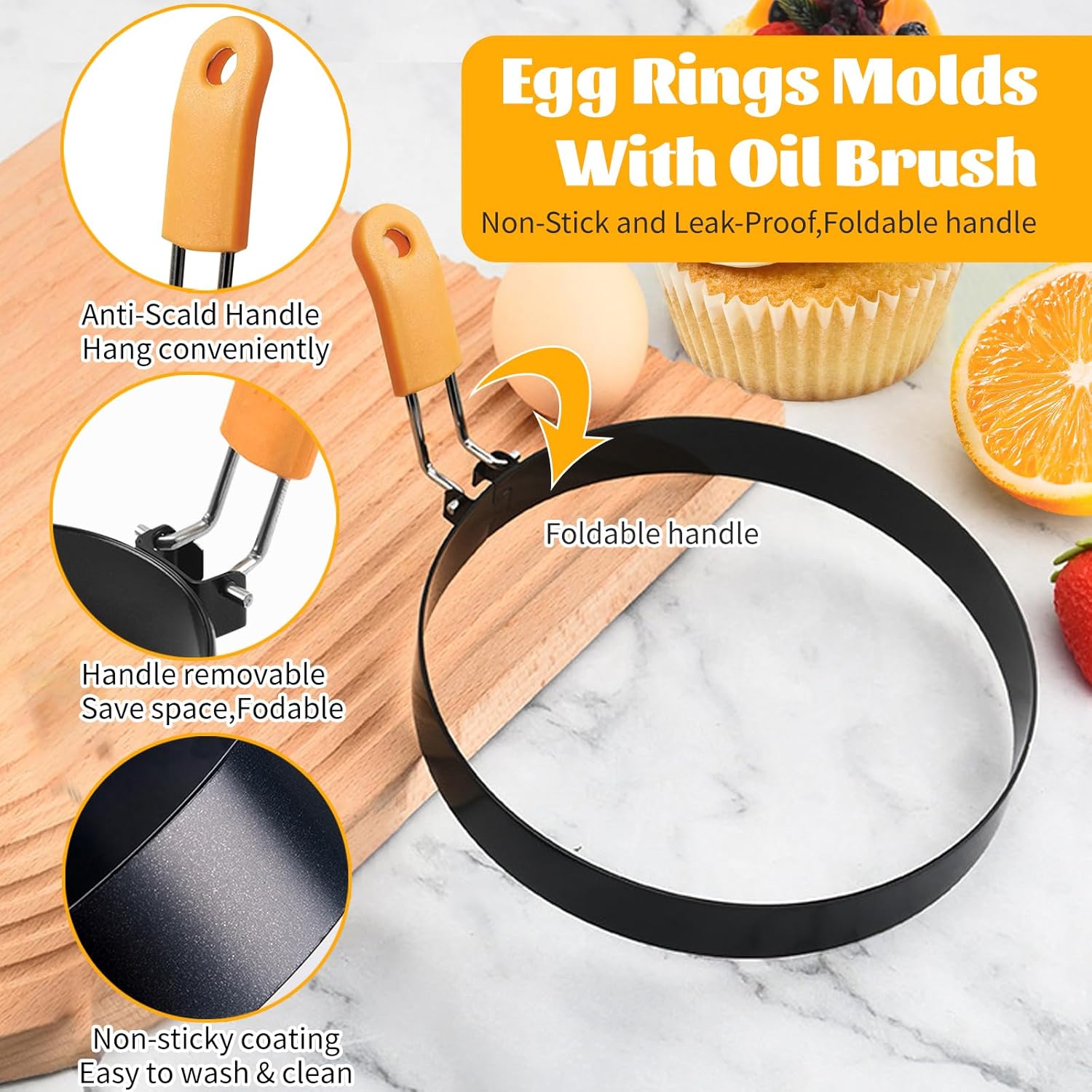 8" Stainless Steel Non-stick Omelette Ring Set for Griddle - 2 Pack Large Omelet Rings with Silicone Handle