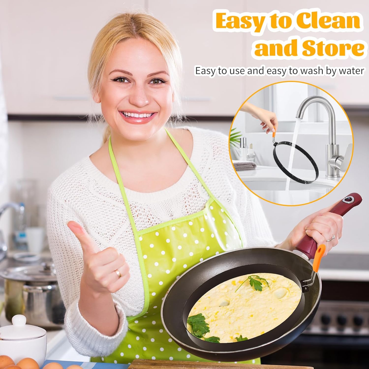 8" Stainless Steel Non-stick Omelette Ring Set for Griddle - 2 Pack Large Omelet Rings with Silicone Handle