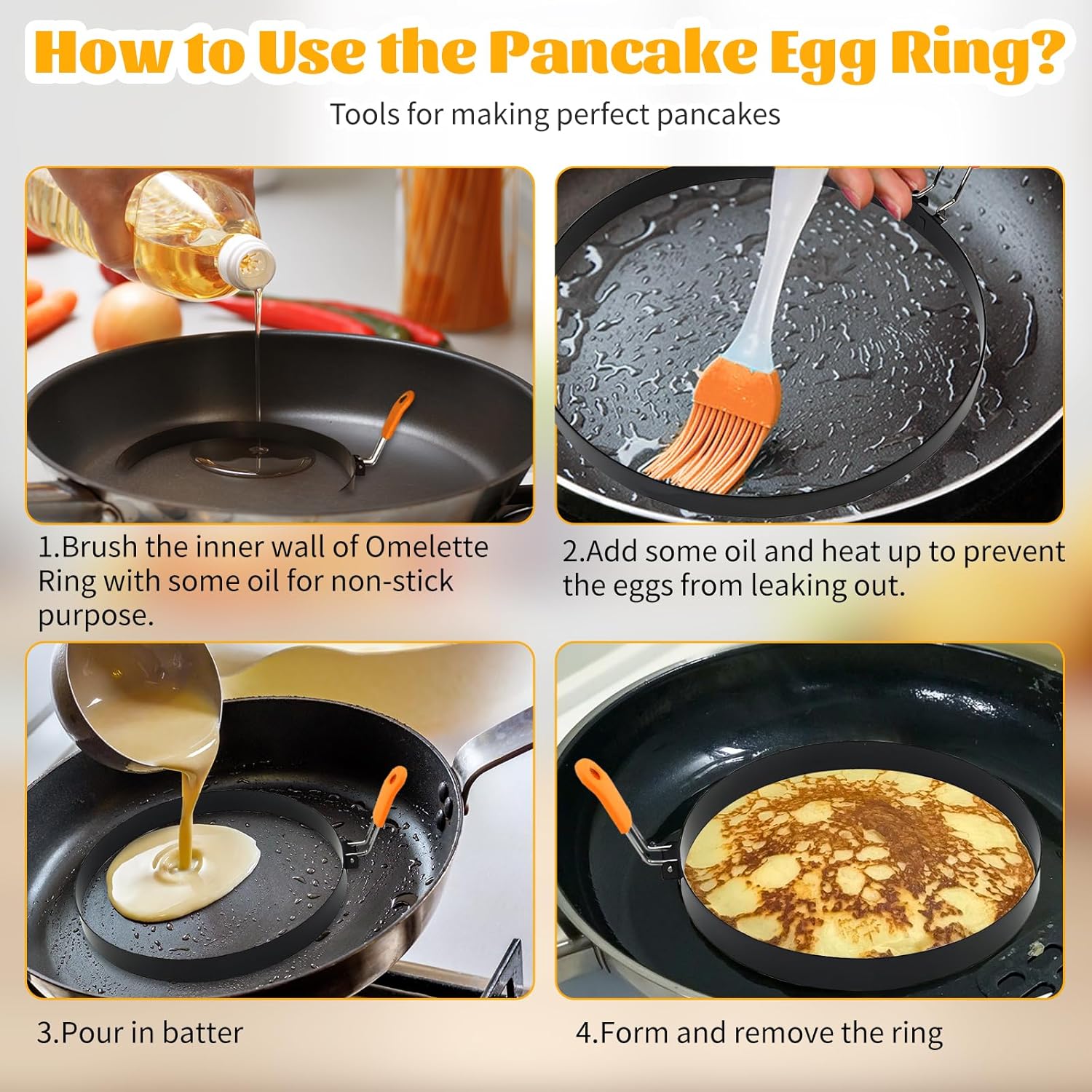 8" Stainless Steel Non-stick Omelette Ring Set for Griddle - 2 Pack Large Omelet Rings with Silicone Handle