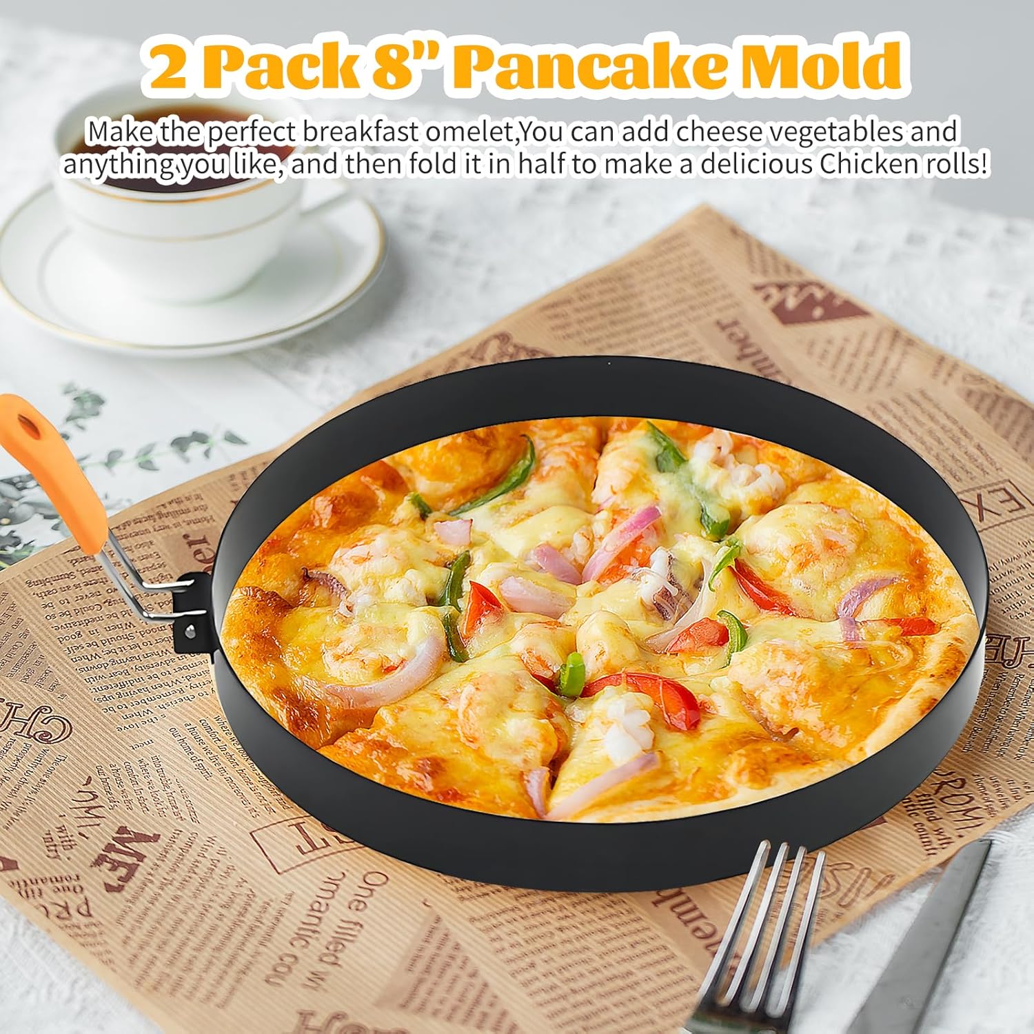 8" Stainless Steel Non-stick Omelette Ring Set for Griddle - 2 Pack Large Omelet Rings with Silicone Handle