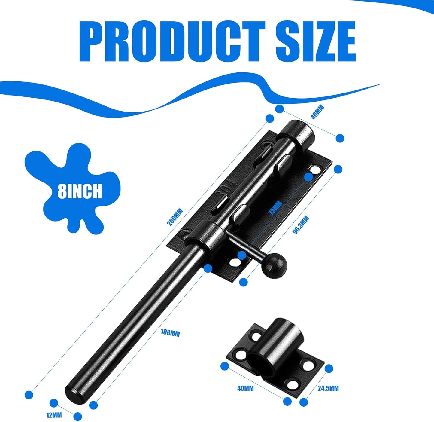 8" Stainless Steel Slide Bolt Gate Latch with Dust Canister for Wooden Fence/Garage/Door